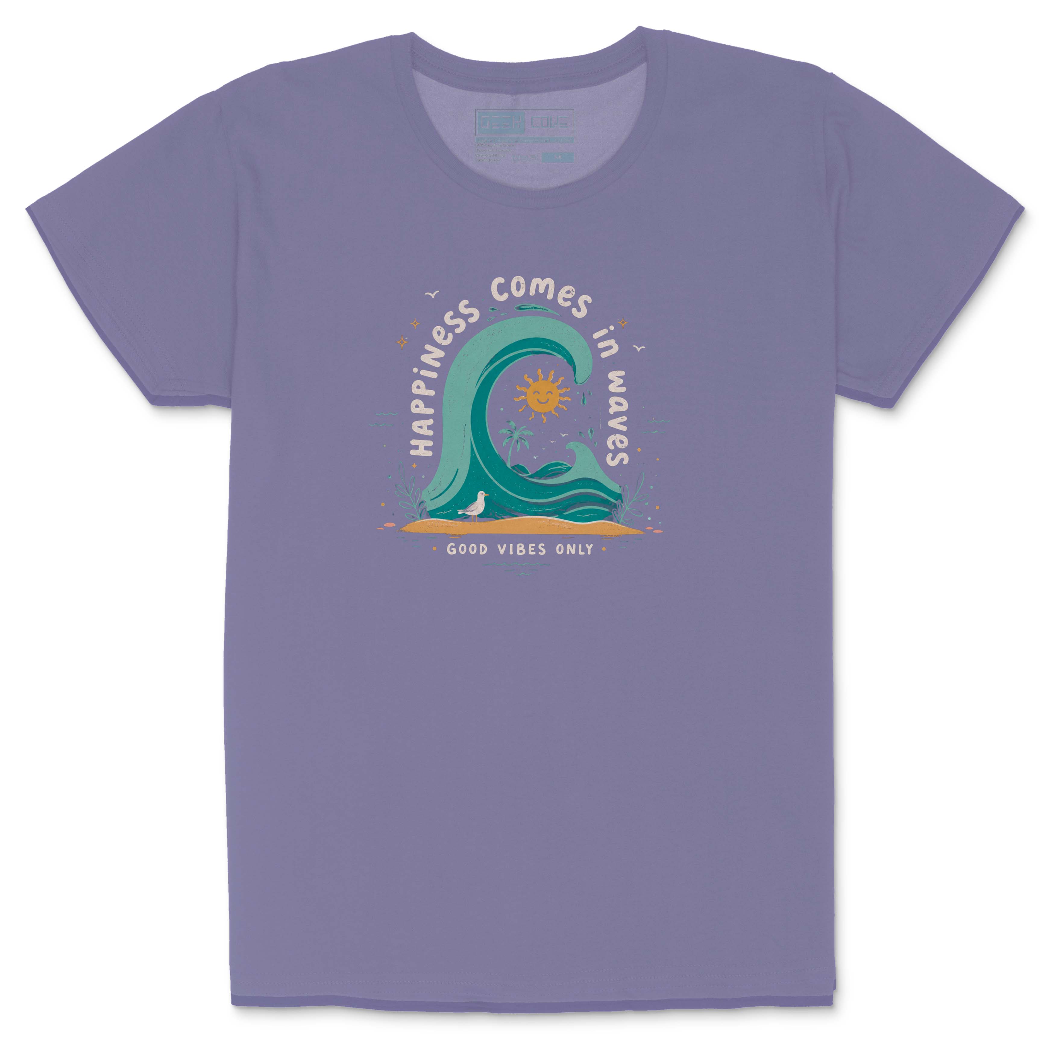 Women’s vintage-style graphic tee featuring ocean wave art and Happiness Comes in Waves lettering