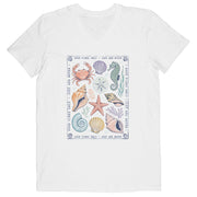 Women’s coastal graphic tee with colorful seashells and vintage ocean-inspired artwork