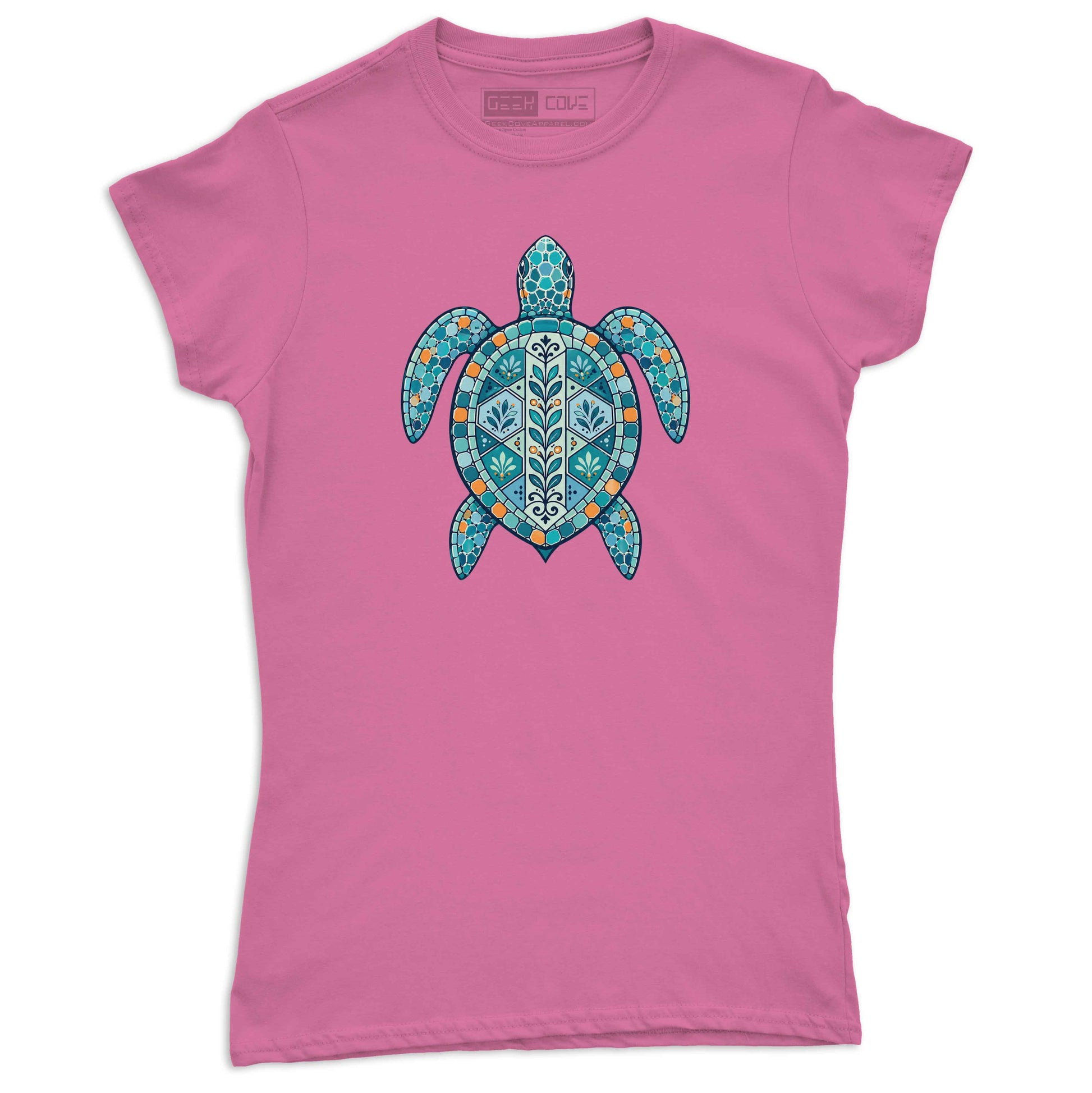Women’s blue sea turtle graphic tee featuring detailed mosaic-style coastal artwork