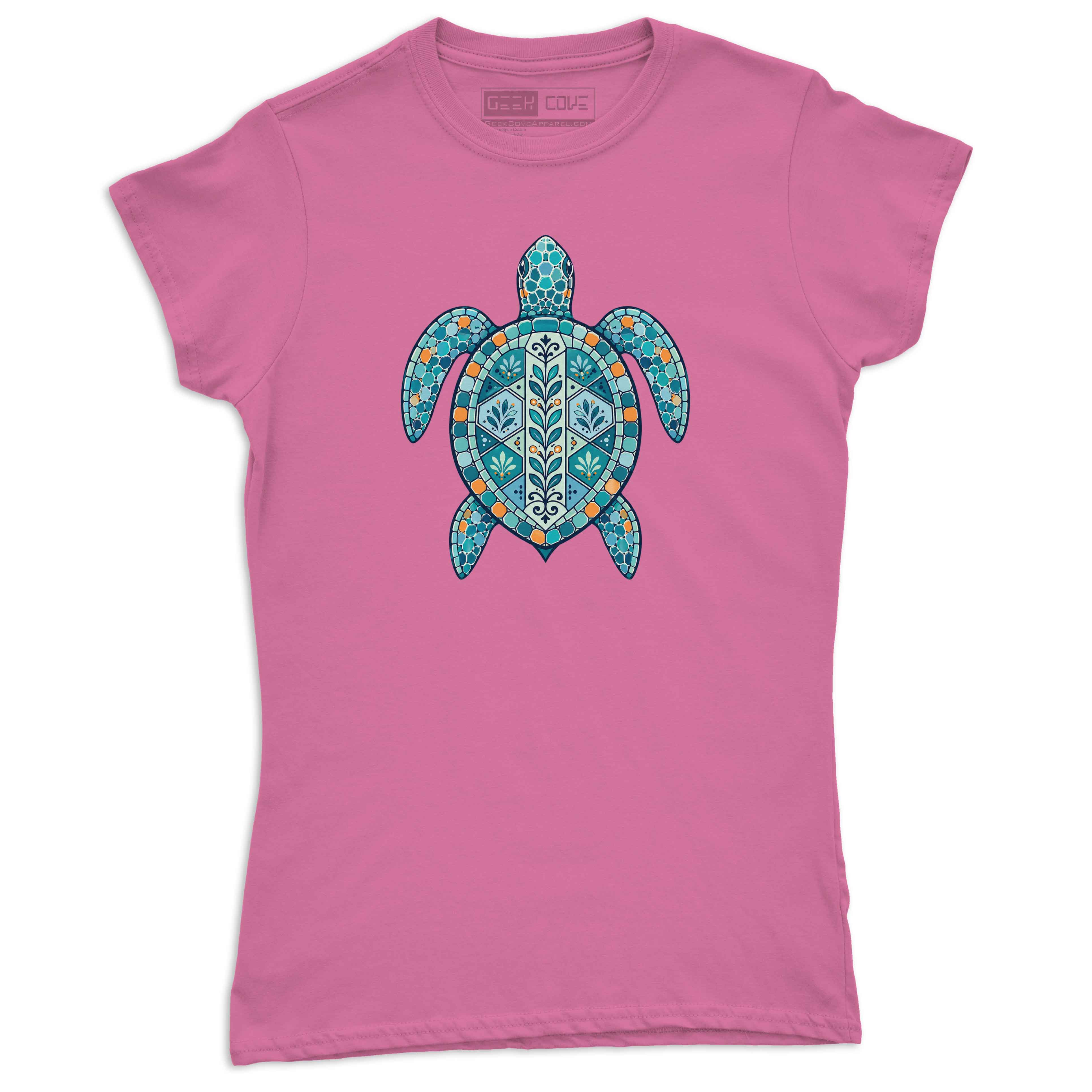Women’s blue sea turtle graphic tee featuring detailed mosaic-style coastal artwork