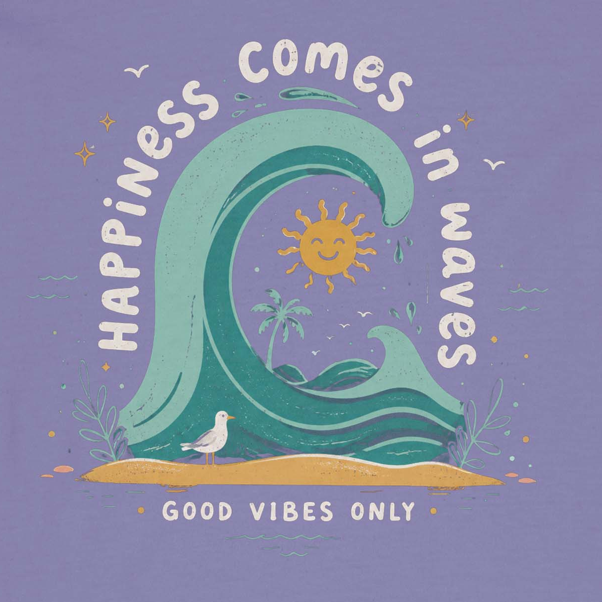 Coastal women’s T Shirt with Happiness Comes in Waves lettering and ocean-inspired art