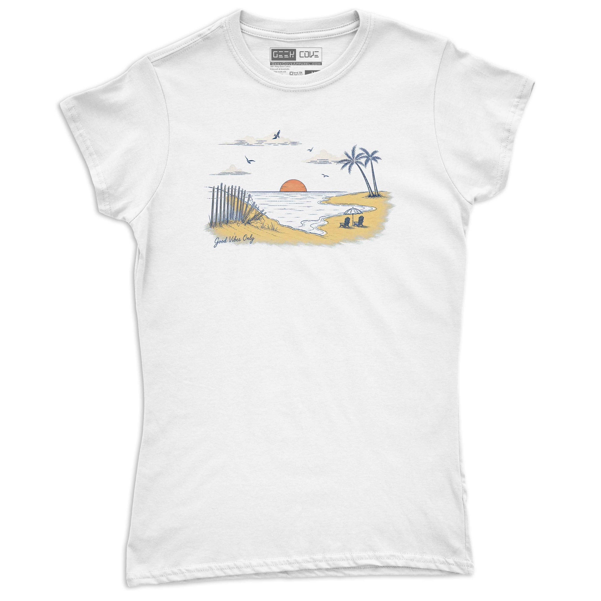 Women’s tropical beach graphic tee featuring sunset ocean view with palm trees and sandy shore