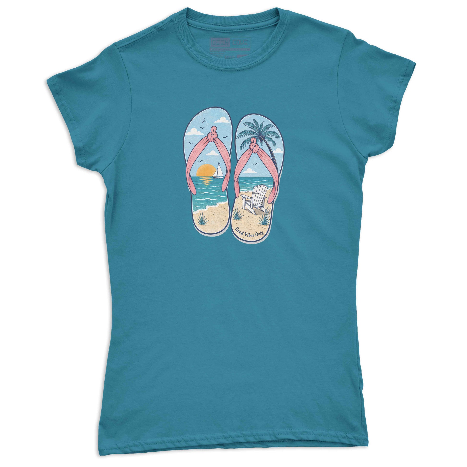 Women’s summer graphic tee showing flip flops filled with relaxing beach vacation artwork