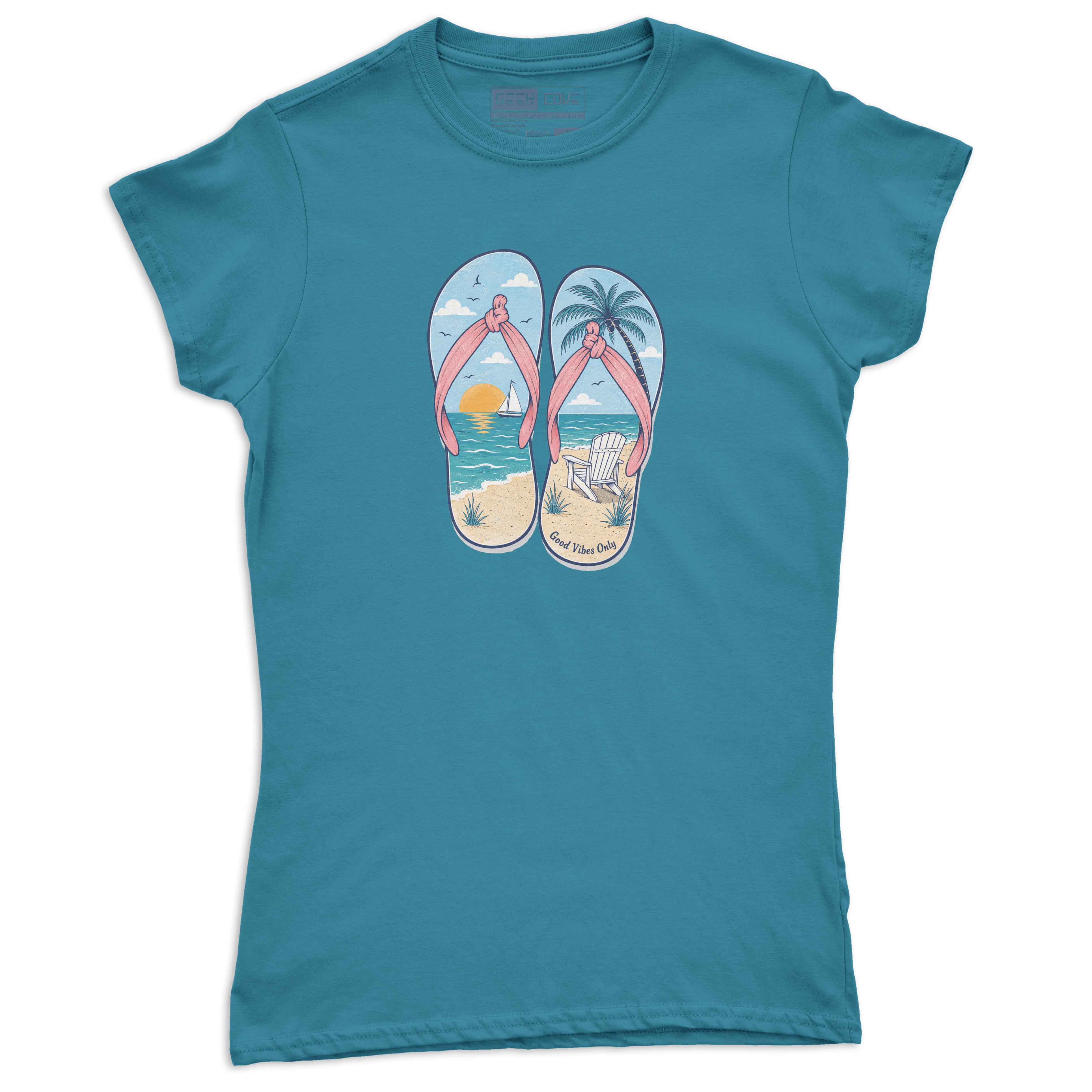Women’s summer graphic tee showing flip flops filled with relaxing beach vacation artwork