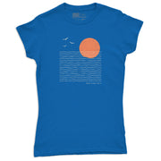 Women’s blue T shirt with Good Vibes Only ocean waves, peach sunset, and white seabird graphic
