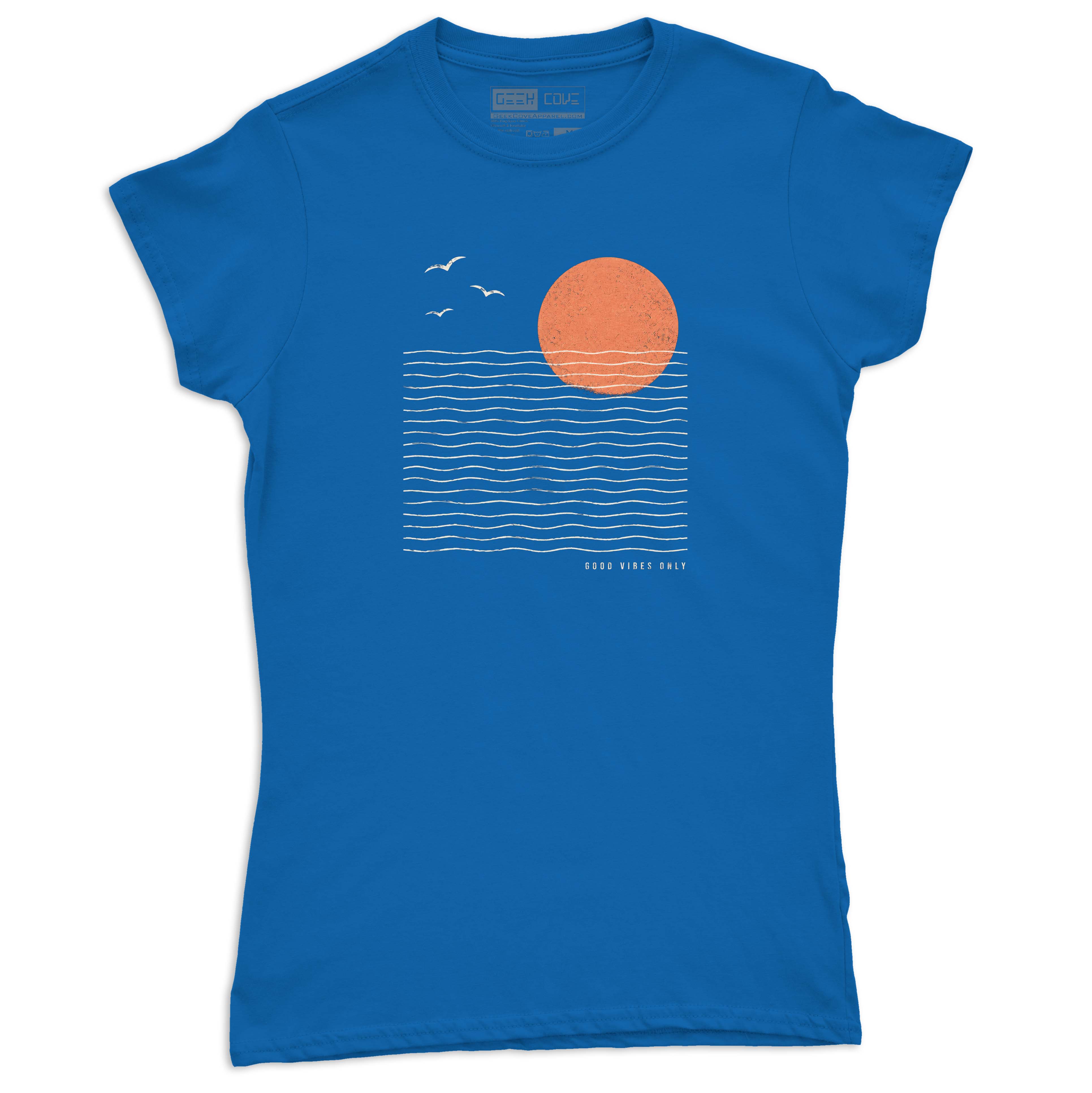 Women’s blue T shirt with Good Vibes Only ocean waves, peach sunset, and white seabird graphic
