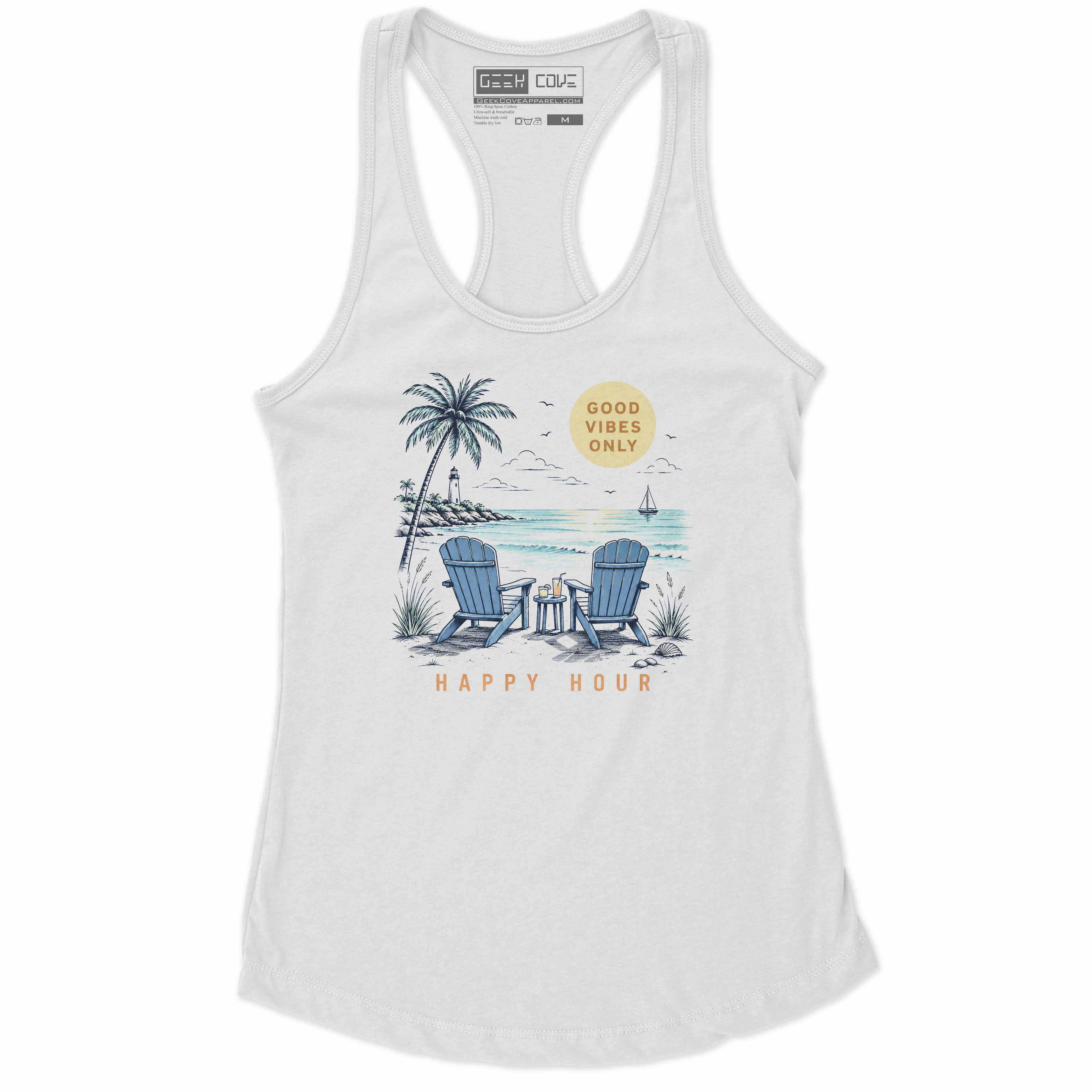 Tropical beach Tank Top with Adirondack chairs, ocean view, and Good Vibes Only sun