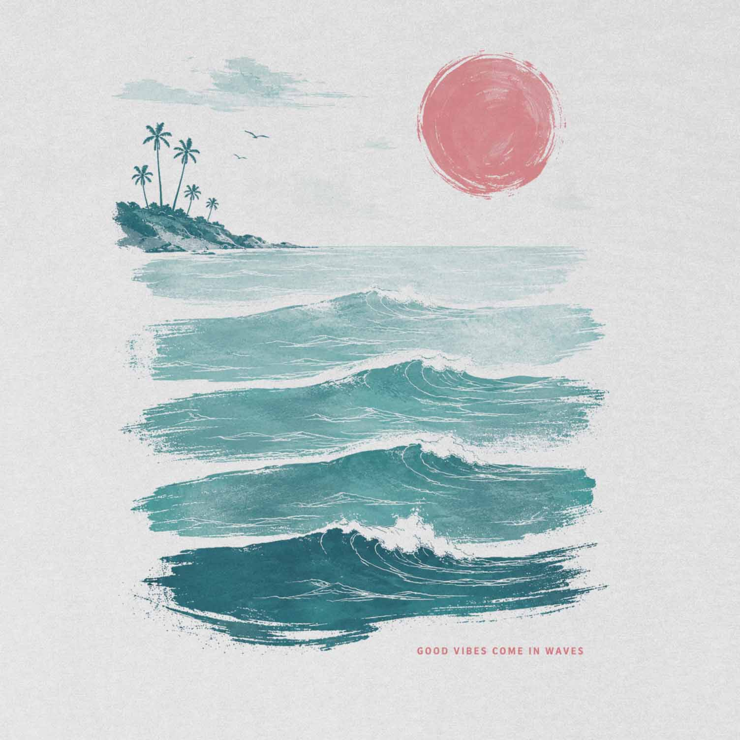 Beach-inspired women’s graphic tee featuring teal waves, island palms, and soft vintage sunset design.