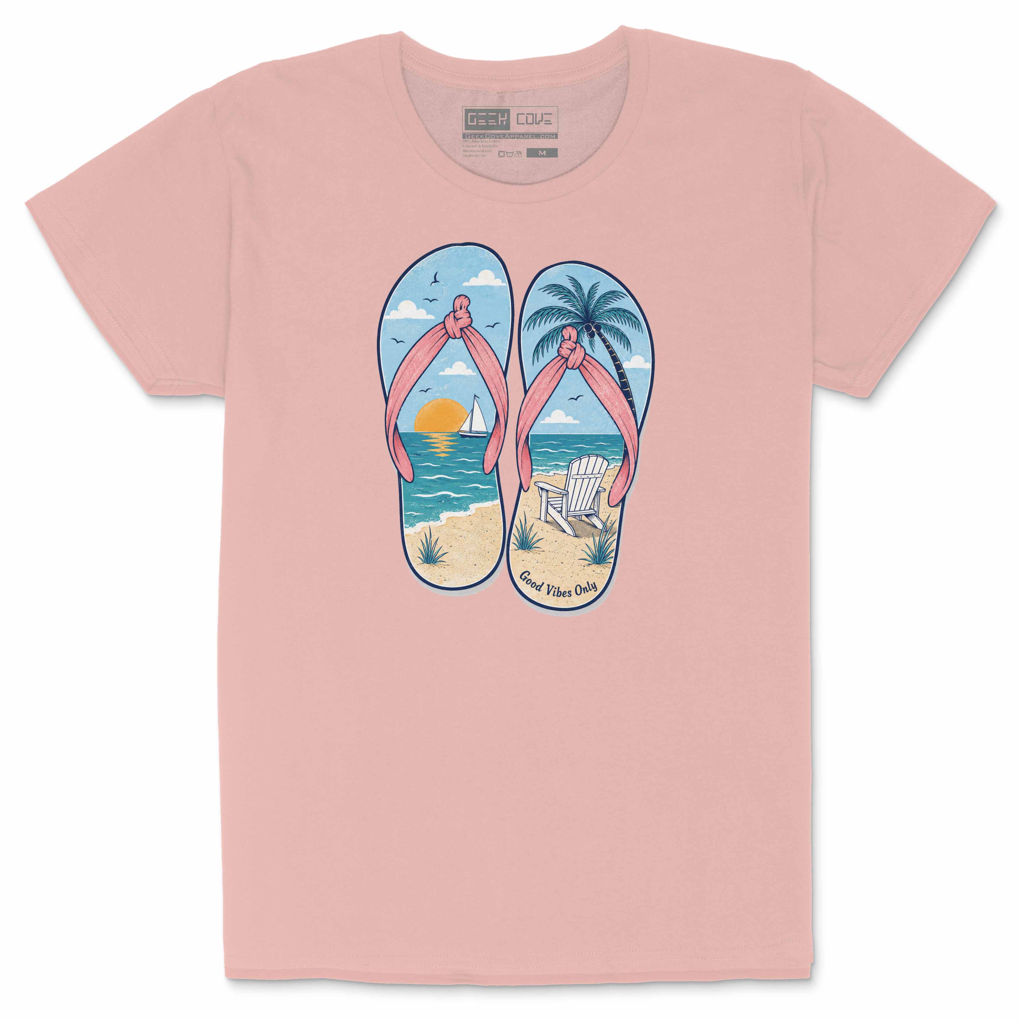 Women’s pink T Shirt with flip flop beach graphic featuring ocean, sunset, palm tree, and Good Vibes Only text