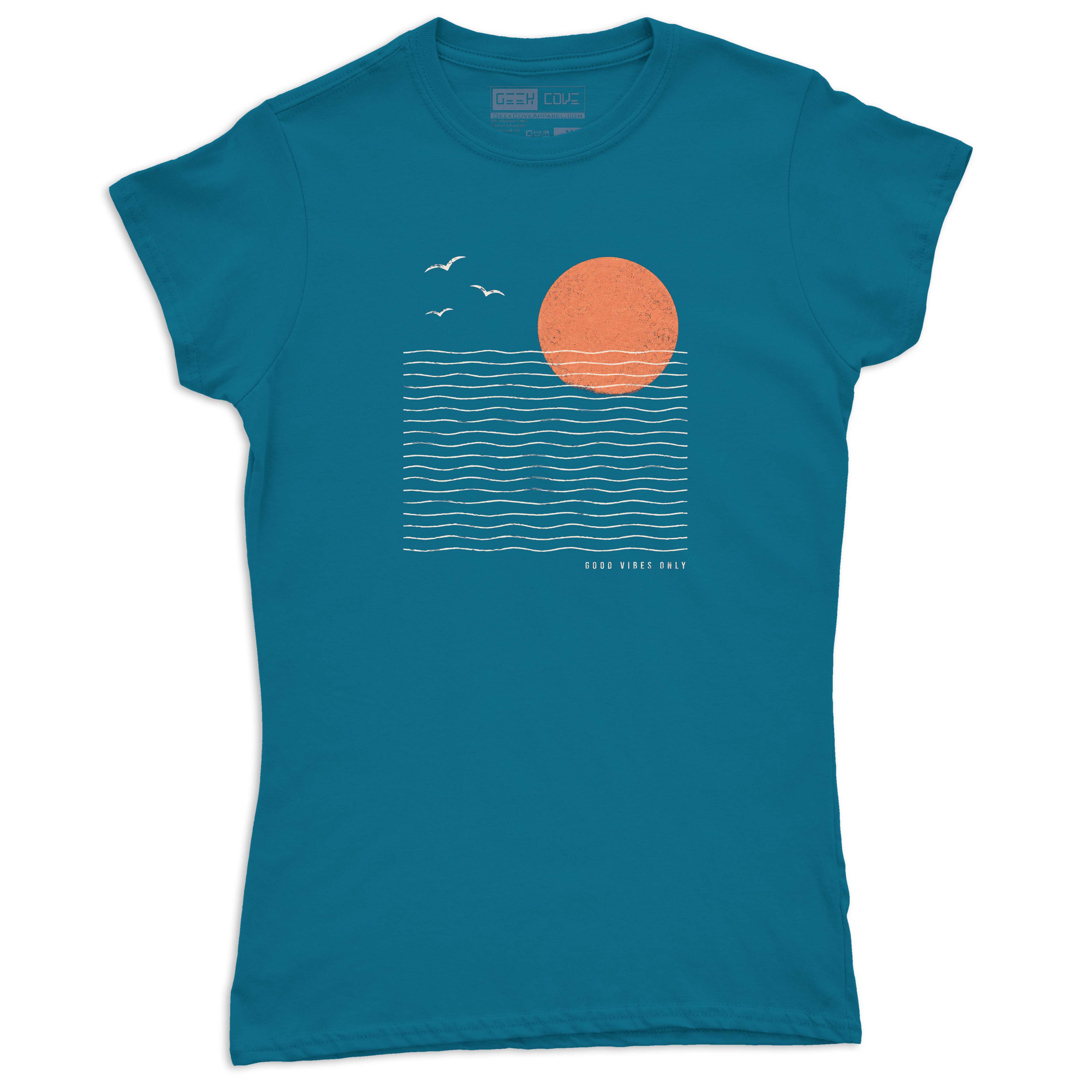 Women’s beach graphic tee featuring white ocean wave lines, flying birds, and a vintage peach sun