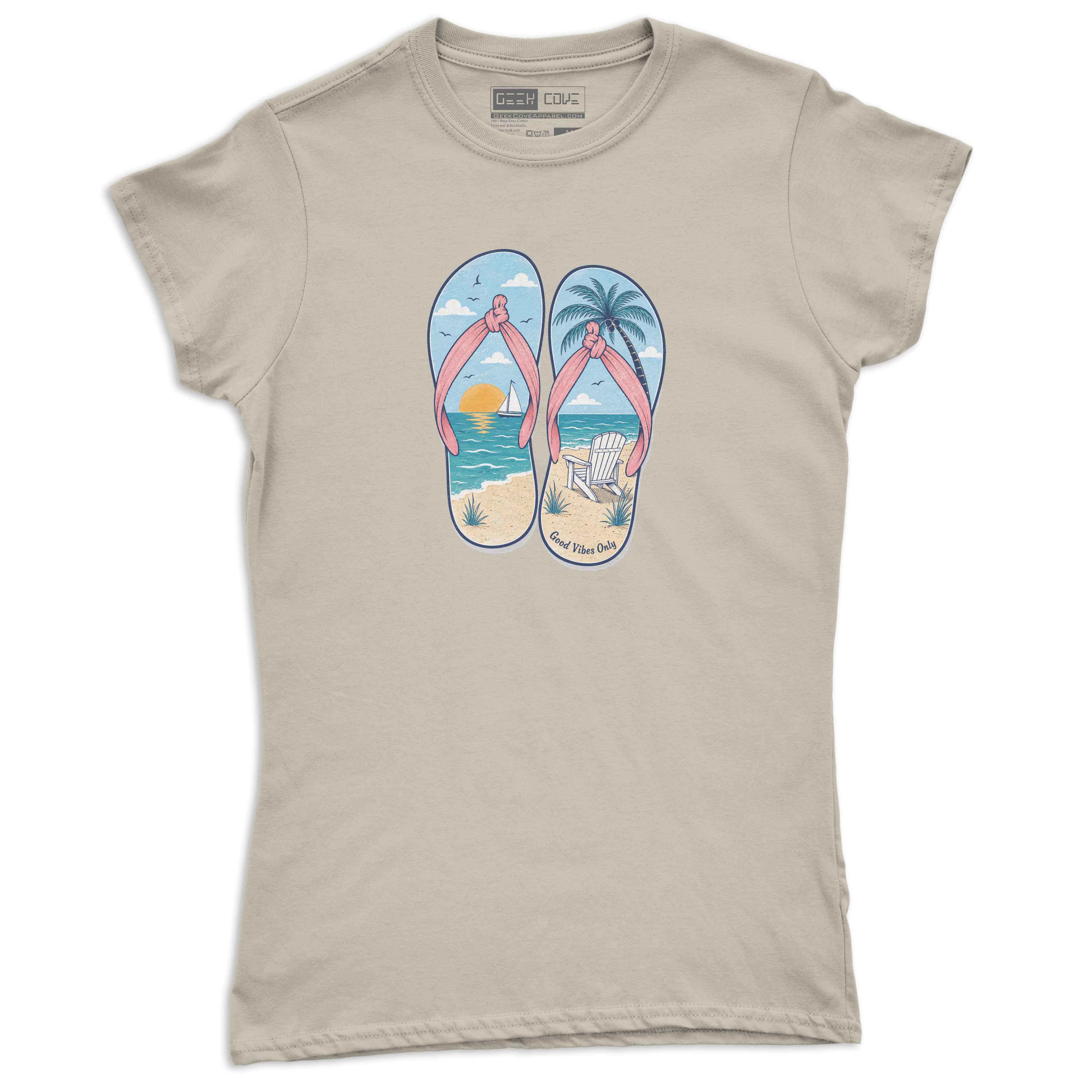 Women’s beige T shirt featuring tropical flip flop artwork with beach sunset and palm tree design