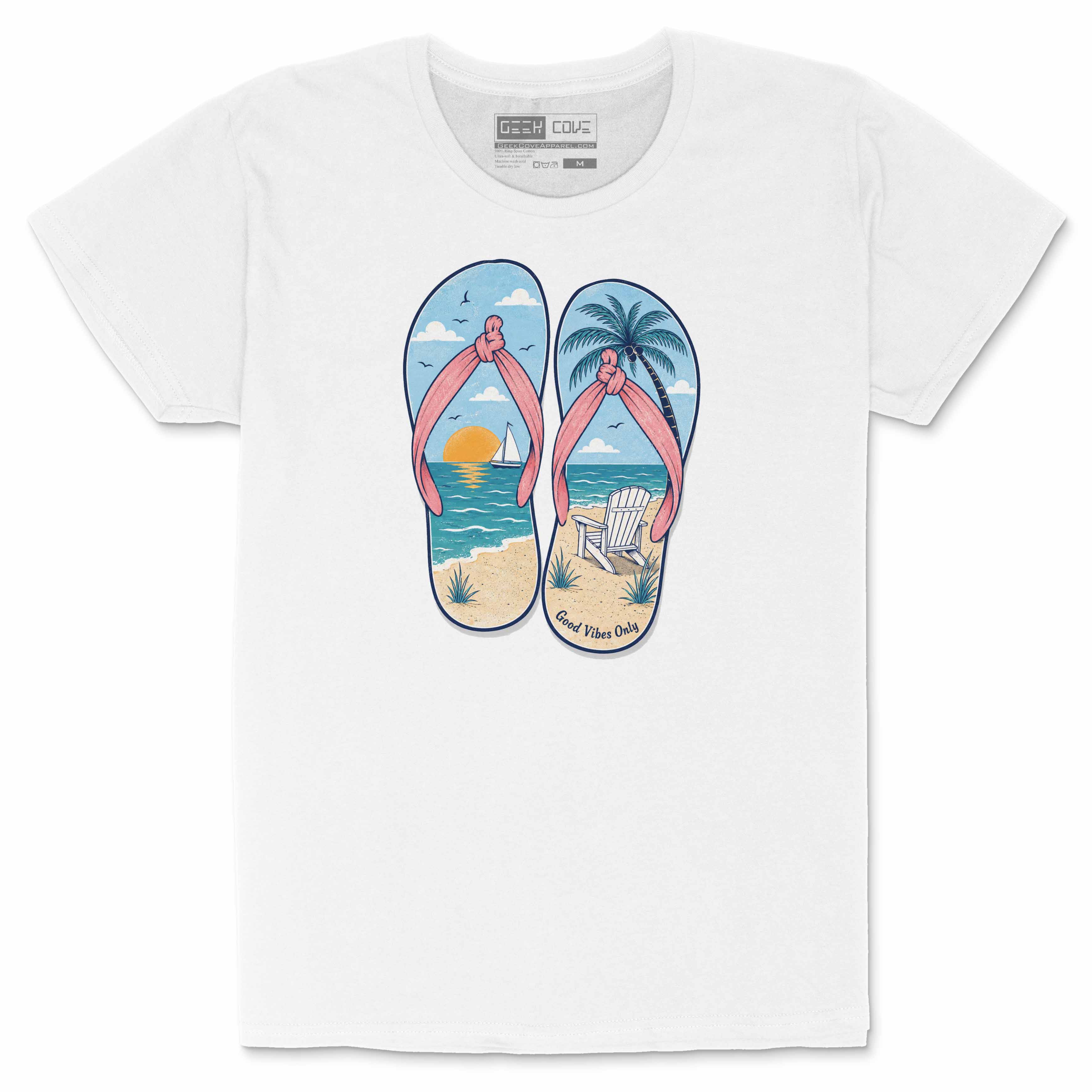 Pink women’s T Shirt with tropical flip flops, ocean waves, sunset, sailboat, and Good Vibes Only artwork
