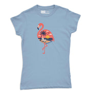 Womens fitted flamingo graphic tee with retro tropical sunset and beach chair illustration