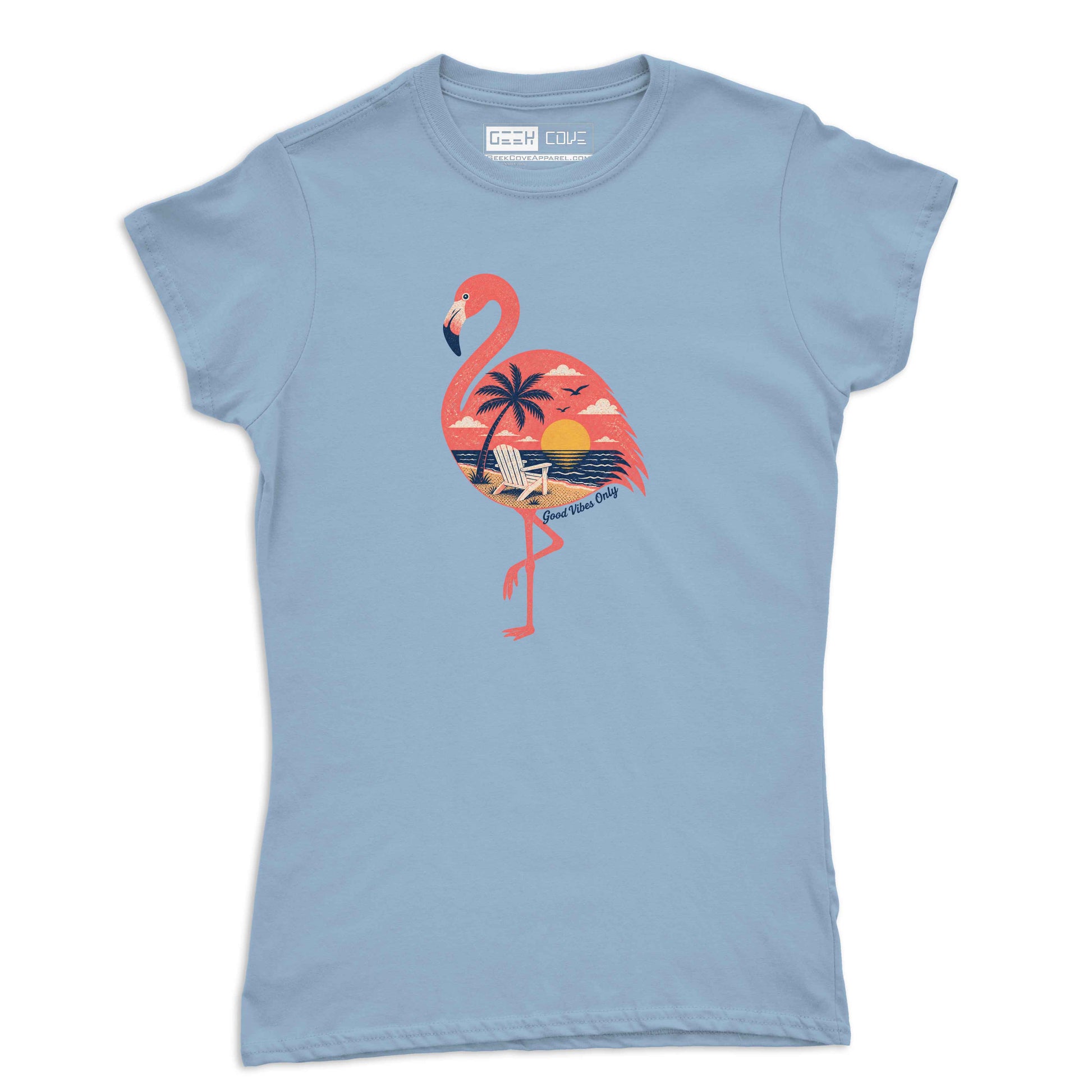 Womens fitted flamingo graphic tee with retro tropical sunset and beach chair illustration