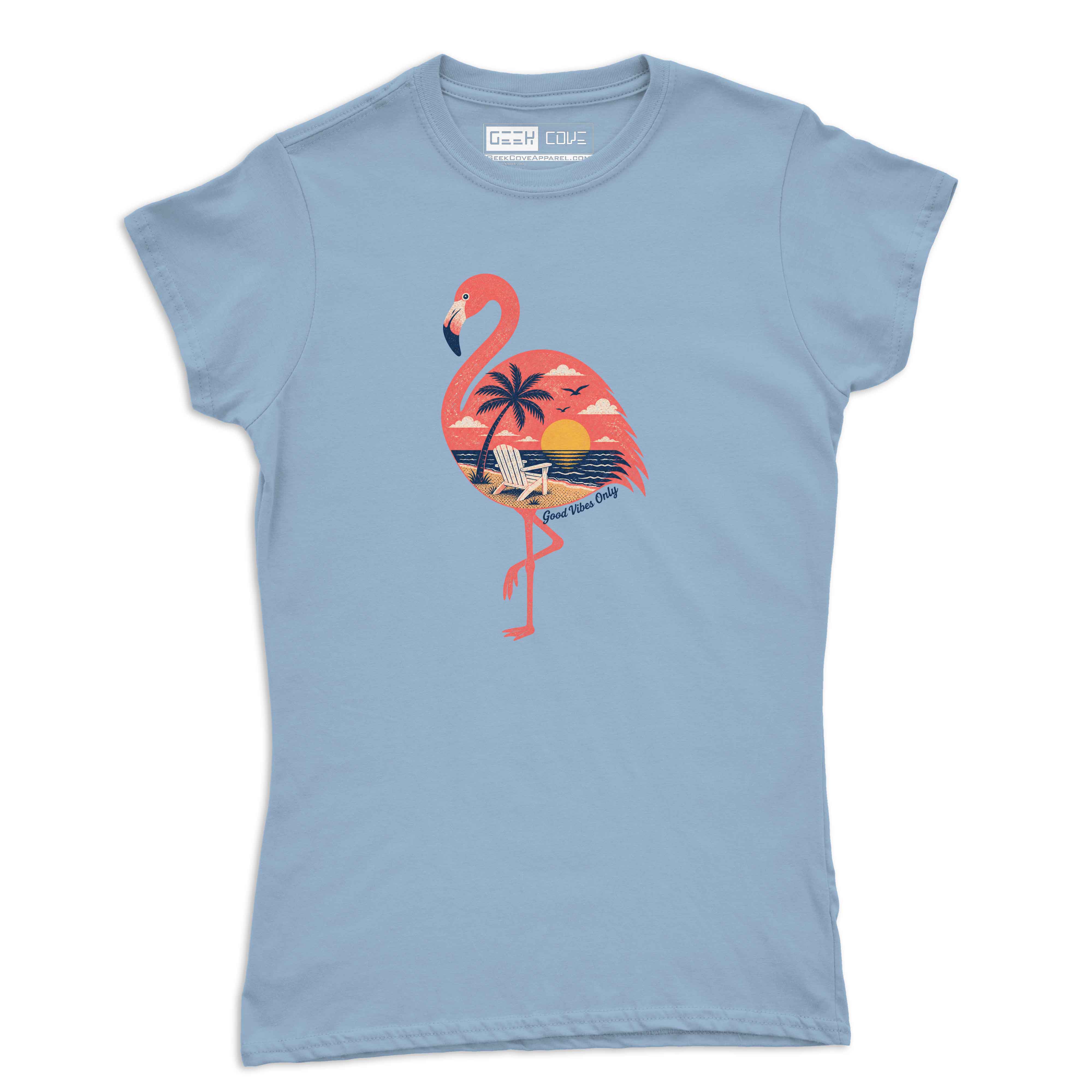 Womens fitted flamingo graphic tee with retro tropical sunset and beach chair illustration