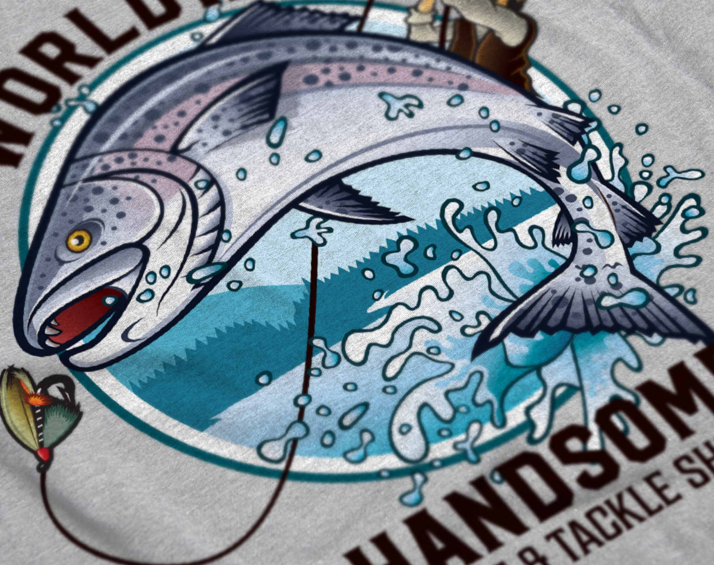 a t-shirt design showing an action-packed scene where a small fisherman on a boat is catching a massive fish, creating a splash in the water. the background and text are in dark colors, highlighting the dramatic moment of the catch.