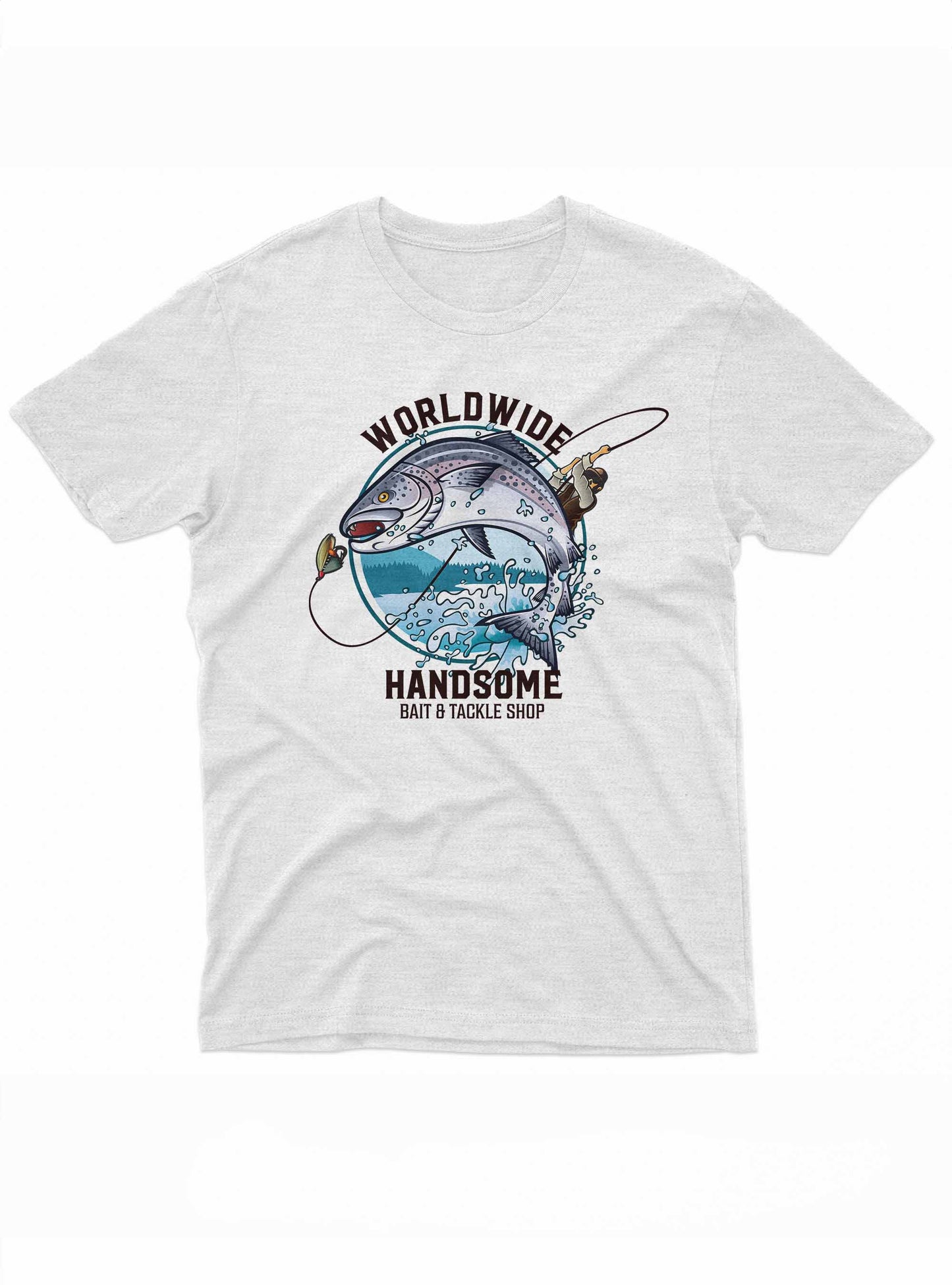 the image features a t-shirt design with a large, colorful illustration of a fisherman in a struggle with a giant fish. the fish, depicted with vibrant blues and whites, fills most of the design, with the text "worldwide handsome bait & tackle shop" arched above in bold letters.