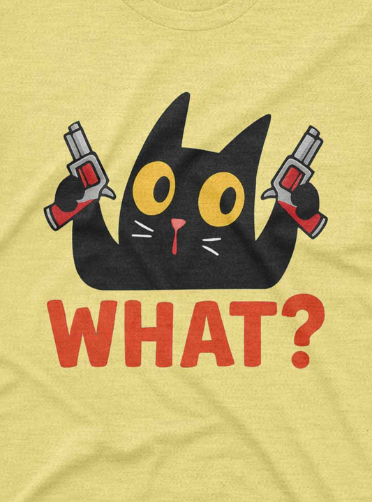 Custom graphic tee featuring cartoon cat with guns and humorous What? caption