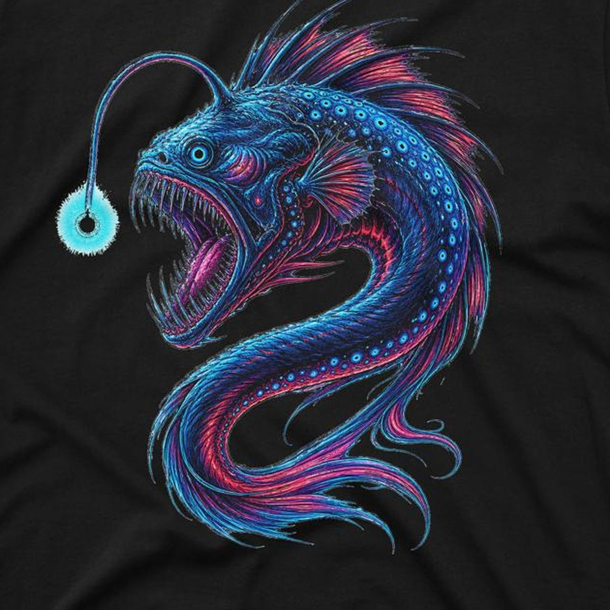 Close-up of anglerfish graphic tee artwork on cotton fabric