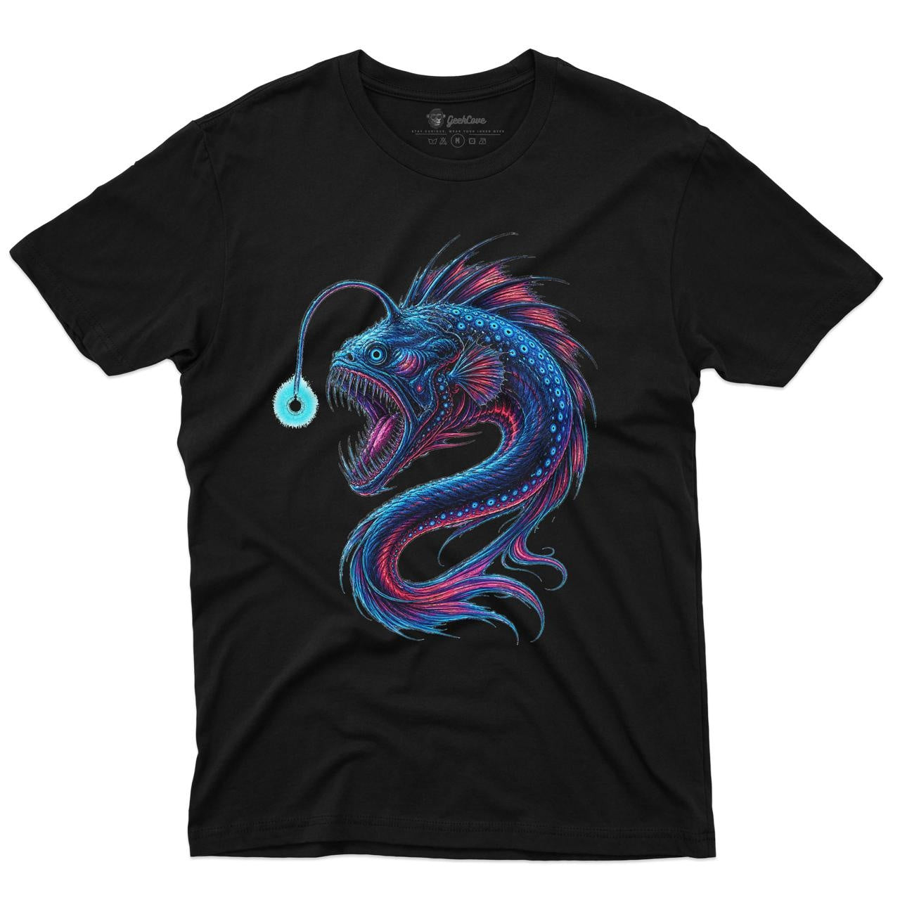 Abyssal Halo Men’s Crew Neck Tee in Black with original anglerfish graphic tee artwork