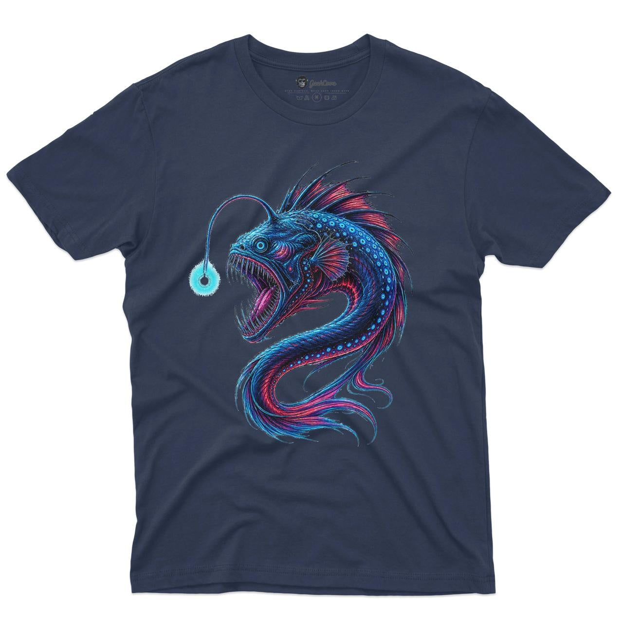 Abyssal Halo Men’s Crew Neck Tee in Navy with original anglerfish graphic tee artwork