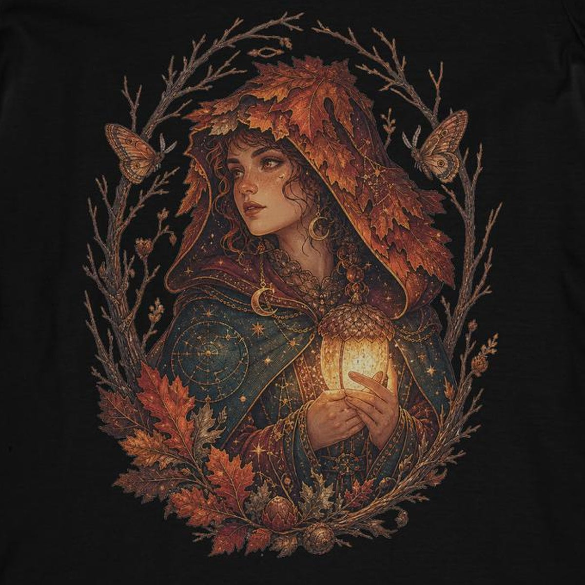 Close-up of autumn fantasy woman shirt artwork on cotton fabric