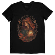 Acorn Lantern Astronomer Women’s Vee Neck Tee in Black with original autumn fantasy woman shirt artwork