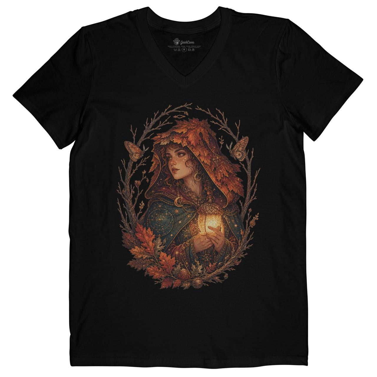 Acorn Lantern Astronomer Women’s Vee Neck Tee in Black with original autumn fantasy woman shirt artwork