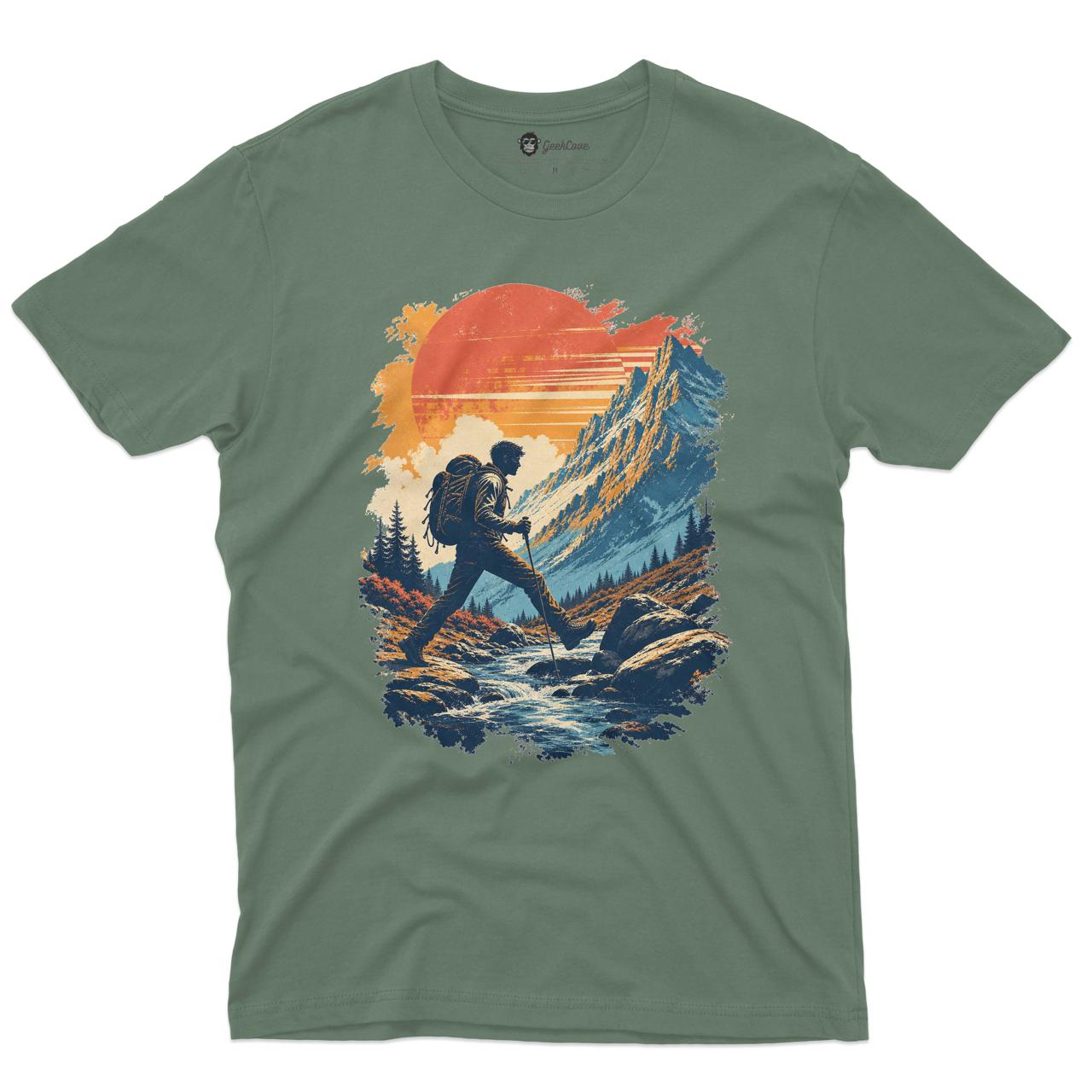 Alpine Passage Hiking Men’s Crew Neck Tee in Sage with original hiking graphic tee artwork