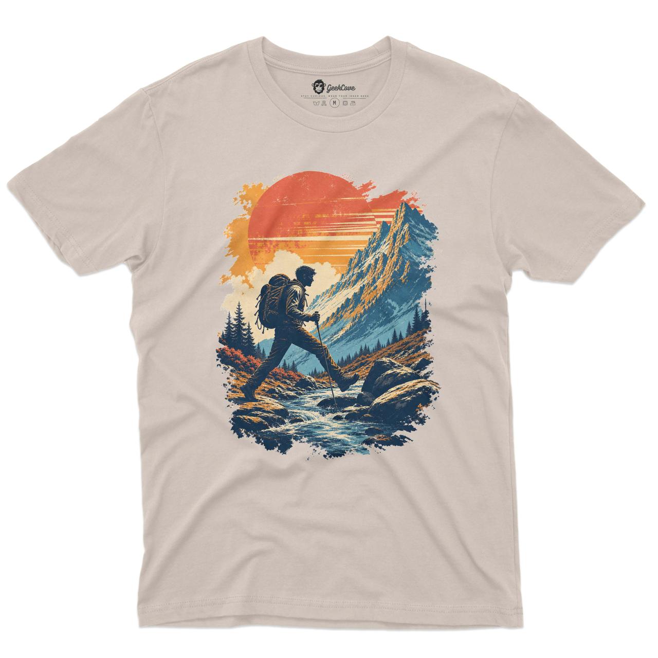 Alpine Passage Hiking Men’s Crew Neck Tee in Sand with original hiking graphic tee artwork