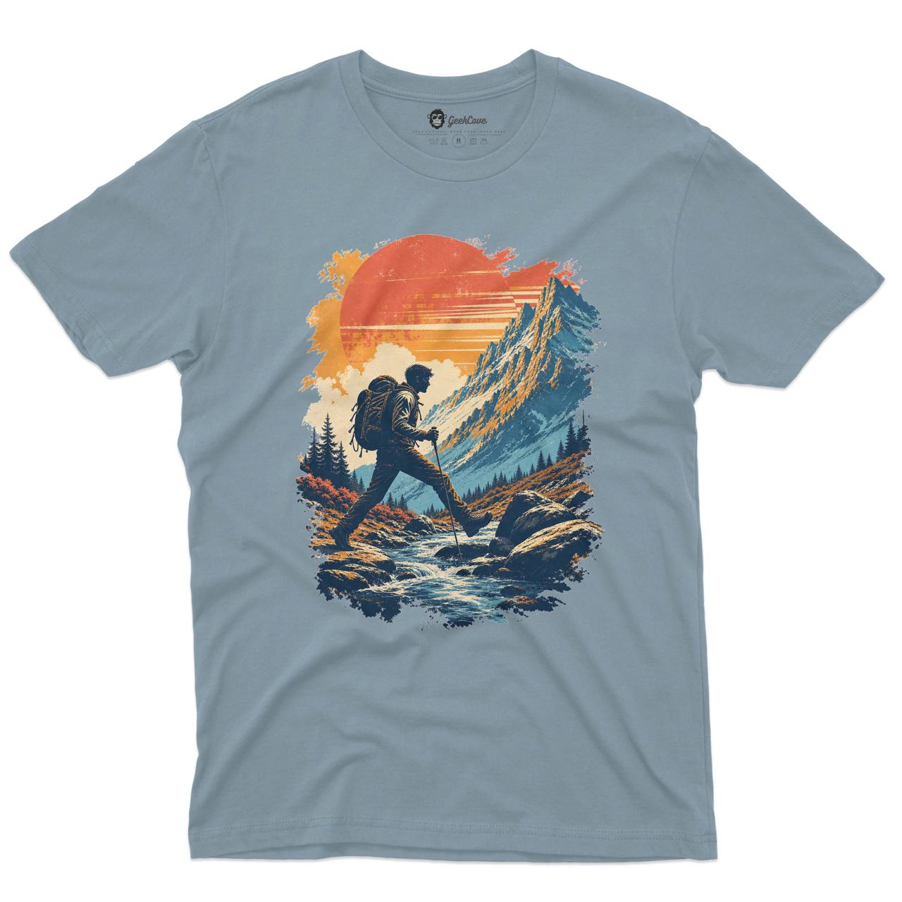 Alpine Passage Hiking Men’s Crew Neck Tee in Stone Blue with original hiking graphic tee artwork