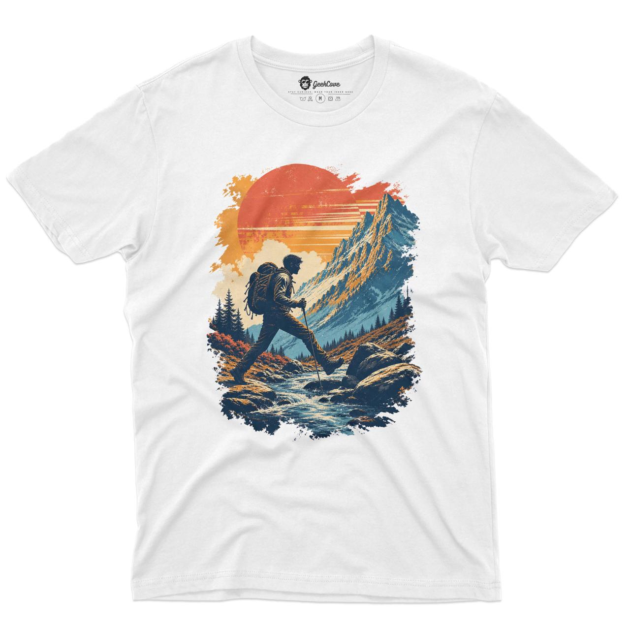 Alpine Passage Hiking Men’s Crew Neck Tee in White with original hiking graphic tee artwork
