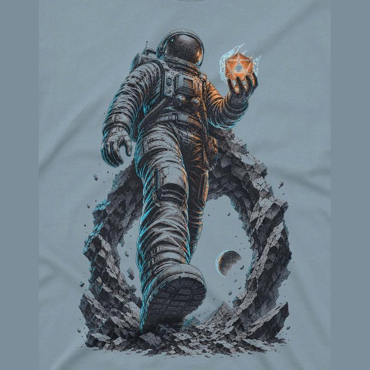 Close-up of astronaut portal graphic tee artwork on cotton fabric