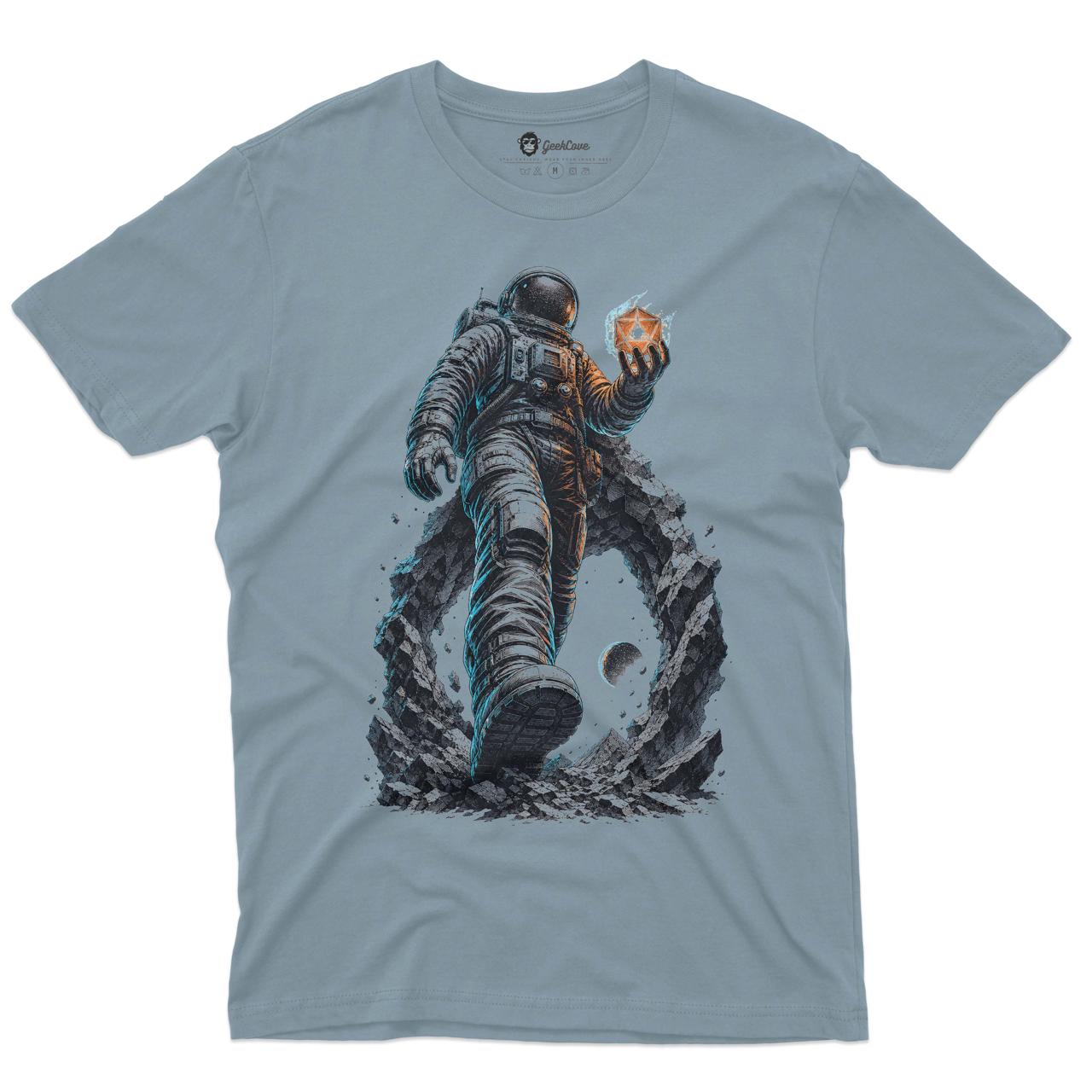 Quantum Passage Astronaut Men’s Crew Neck Tee in Stone Blue with original astronaut portal graphic tee artwork