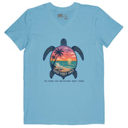 Beach Turtle Good Vibes women’s V-neck tee in aquatic blue with coastal turtle graphic
