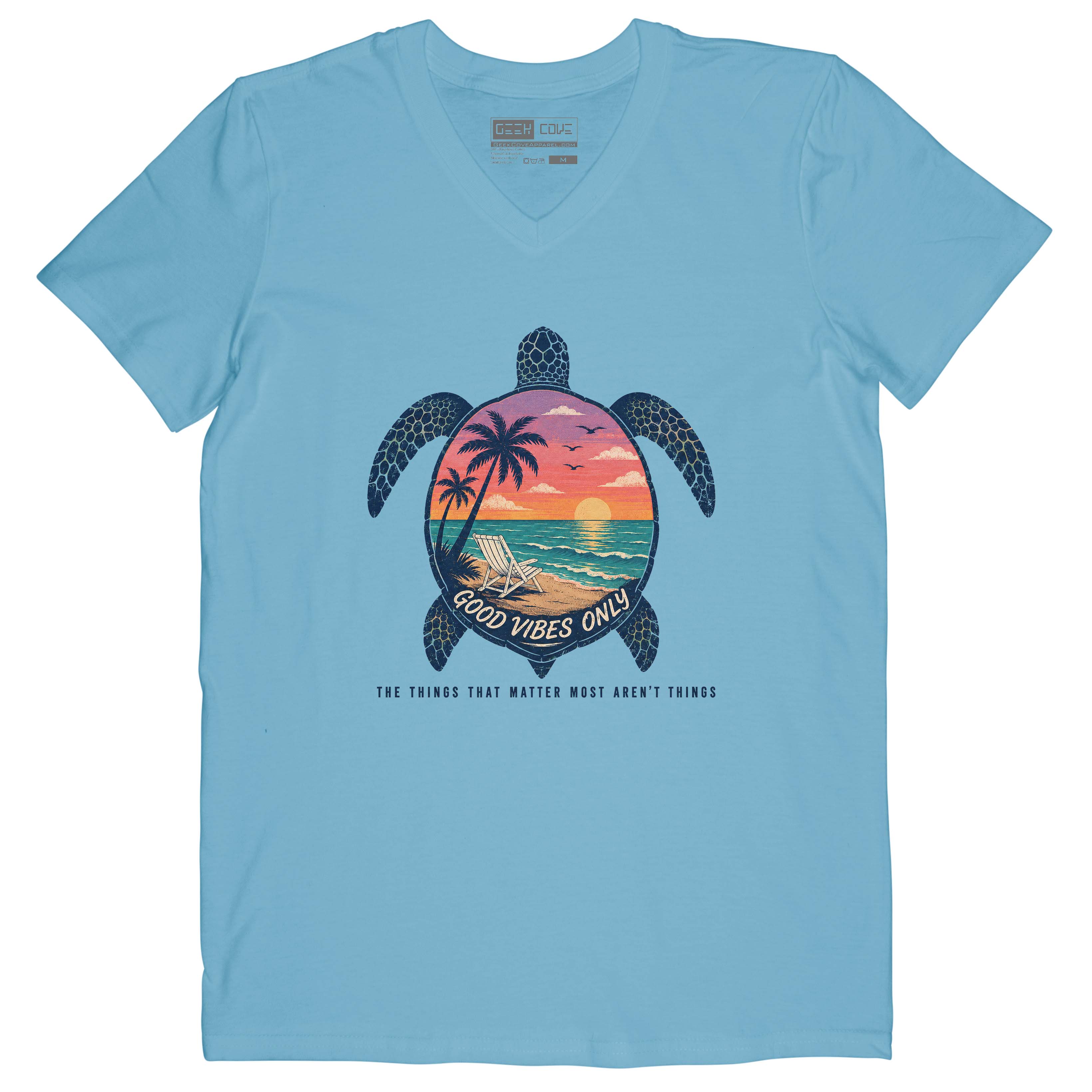 Beach Turtle Good Vibes women’s V-neck tee in aquatic blue with coastal turtle graphic