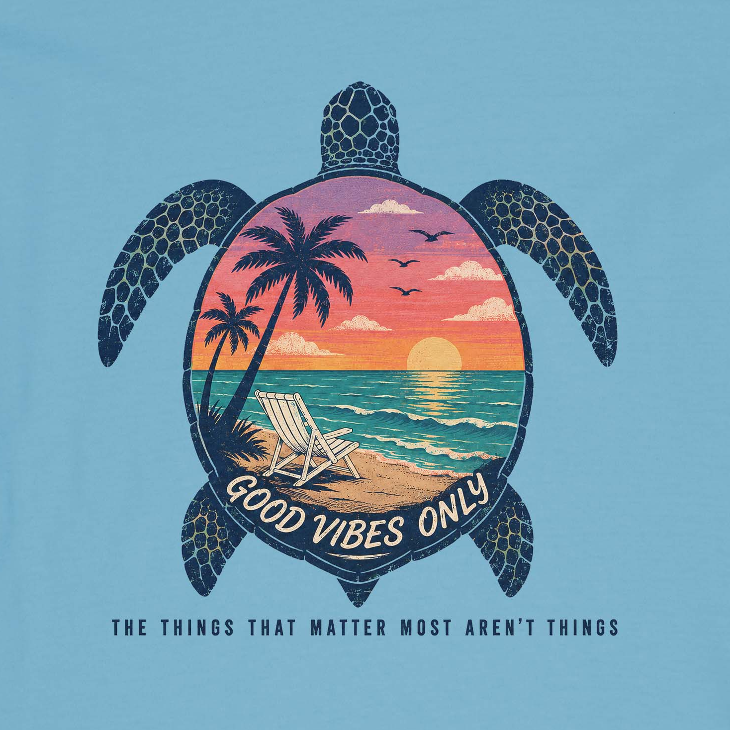 Close-up of Beach Turtle Good Vibes coastal turtle artwork on aquatic blue V-neck tee