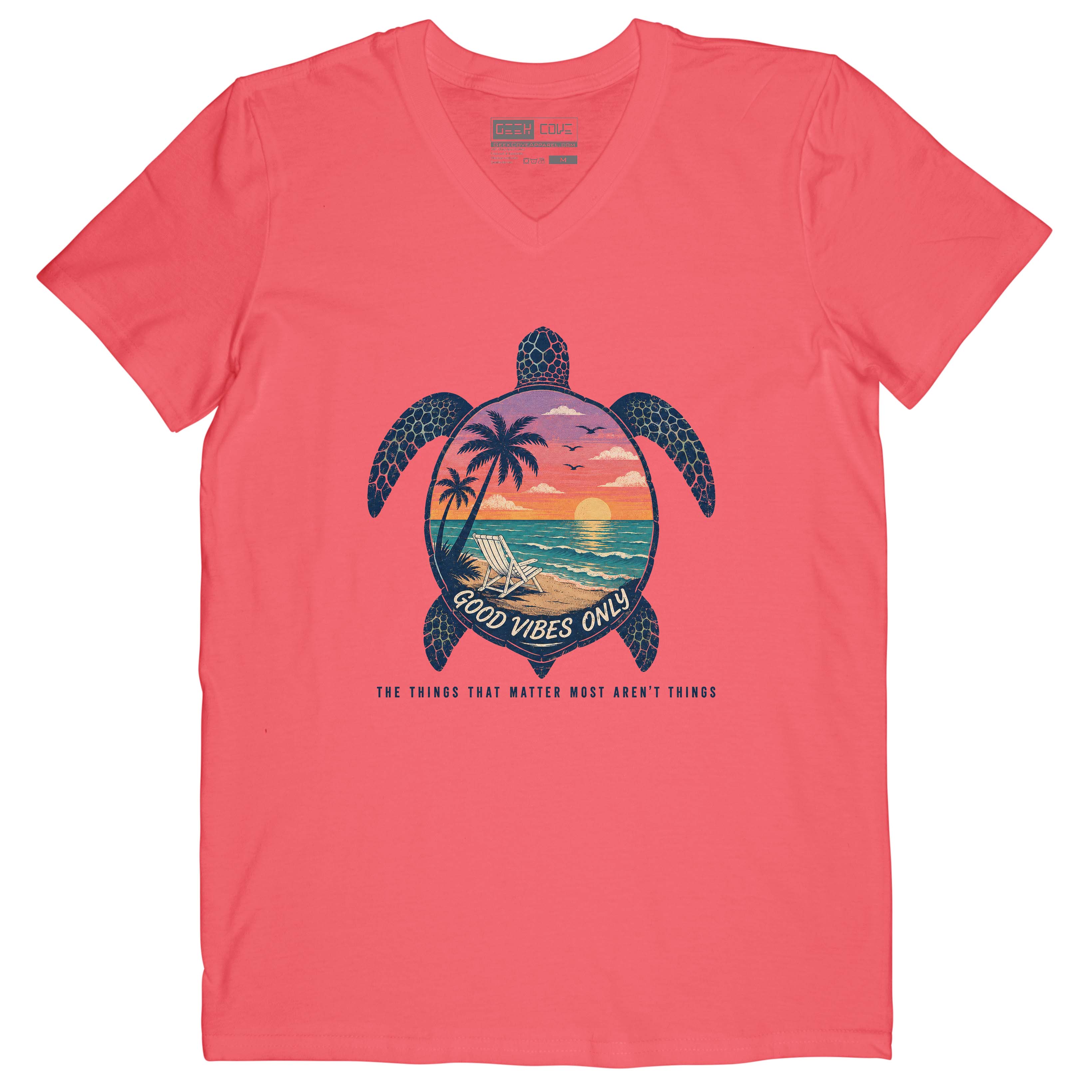 Beach Turtle Good Vibes women’s V-neck tee in coral with sea turtle beach design