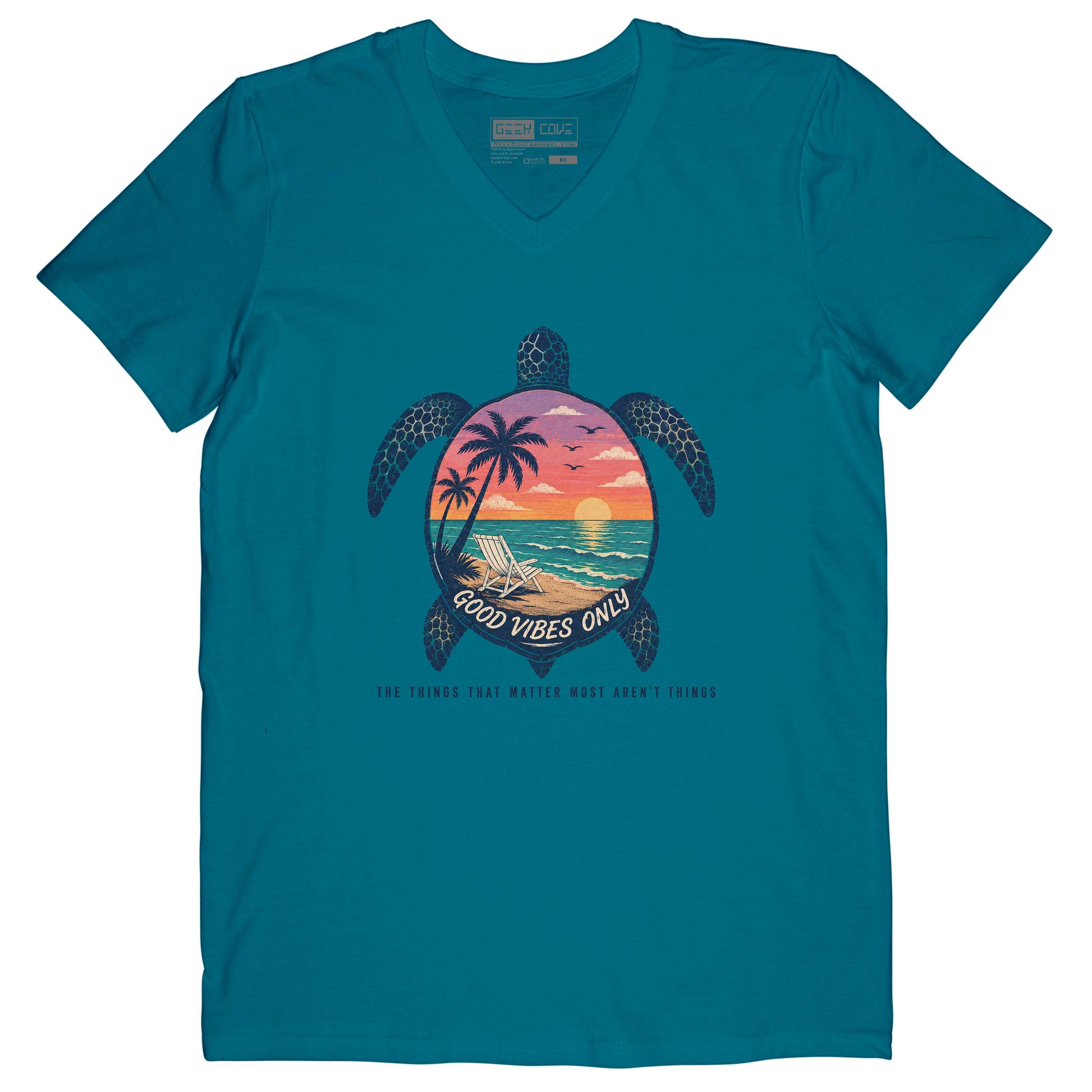 Beach Turtle Good Vibes women’s V-neck tee in teal with coastal turtle graphic