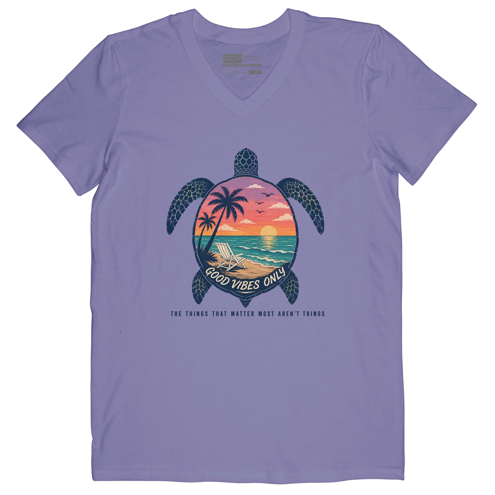 Beach Turtle Good Vibes women’s V-neck tee in violet with beach turtle artwork