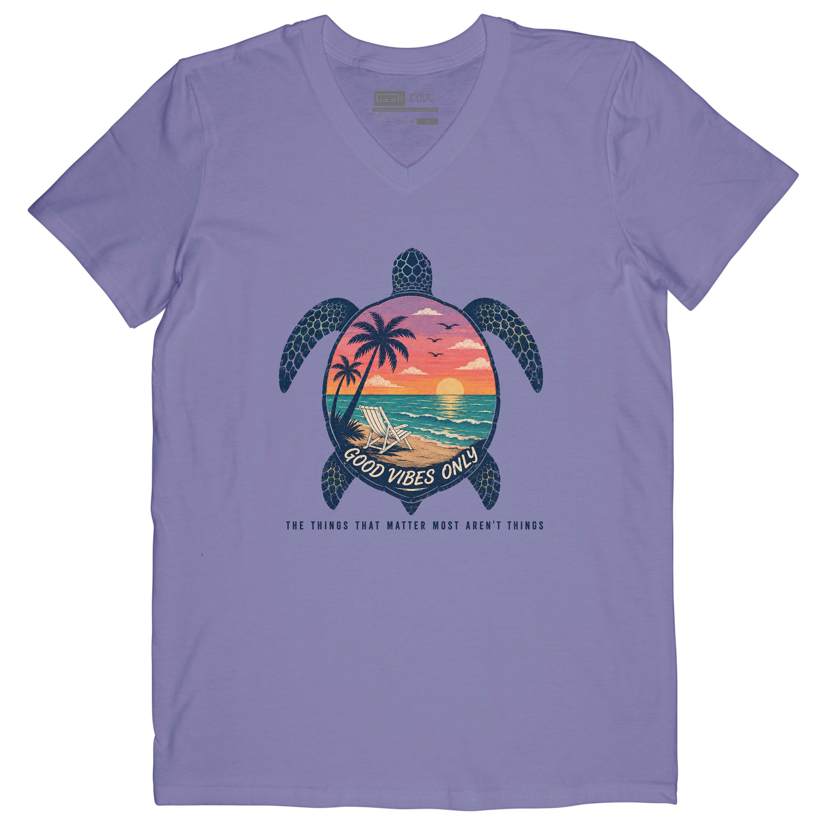 Beach Turtle Good Vibes women’s V-neck tee in violet with beach turtle artwork