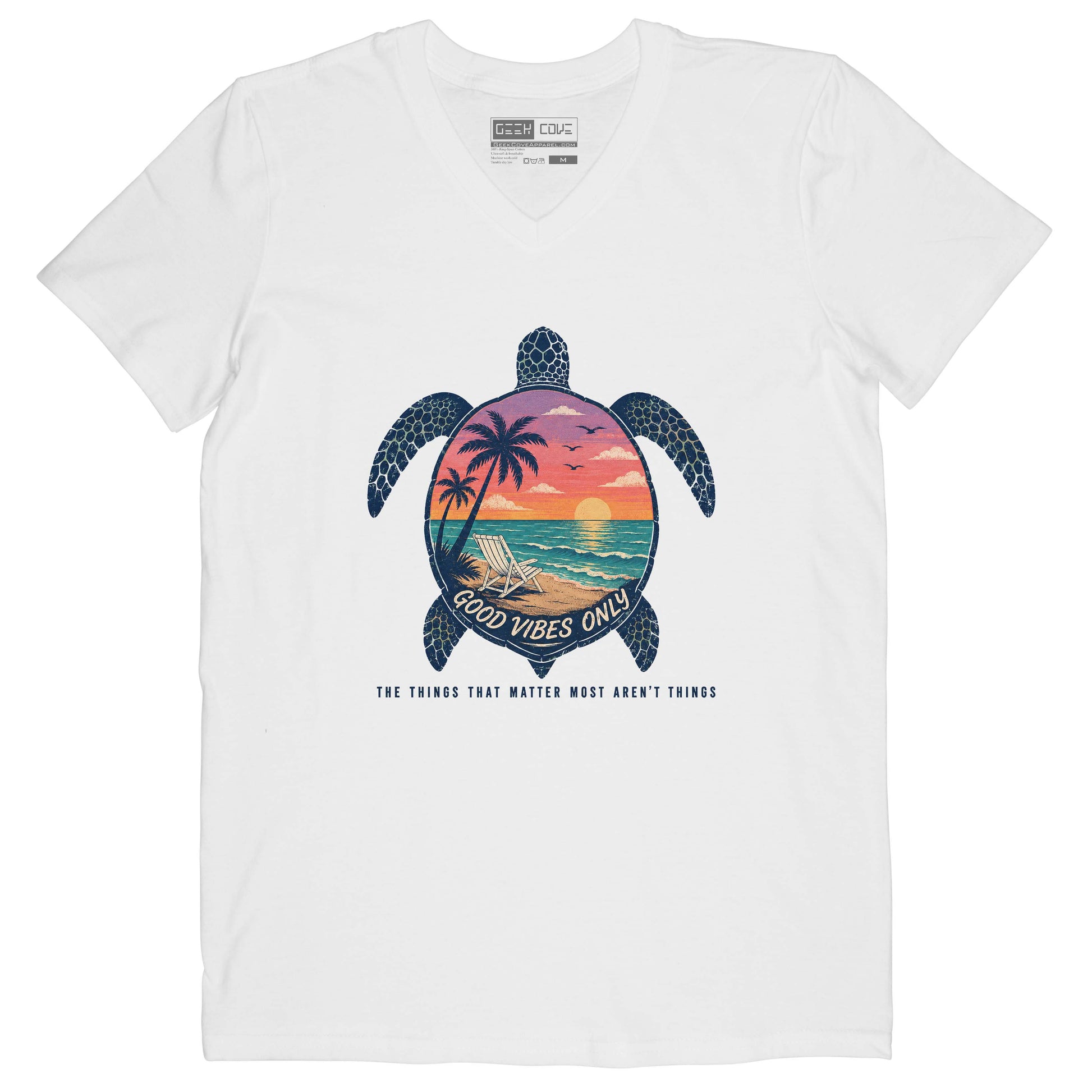 Beach Turtle Good Vibes women’s V-neck tee in white with sea turtle coastal design