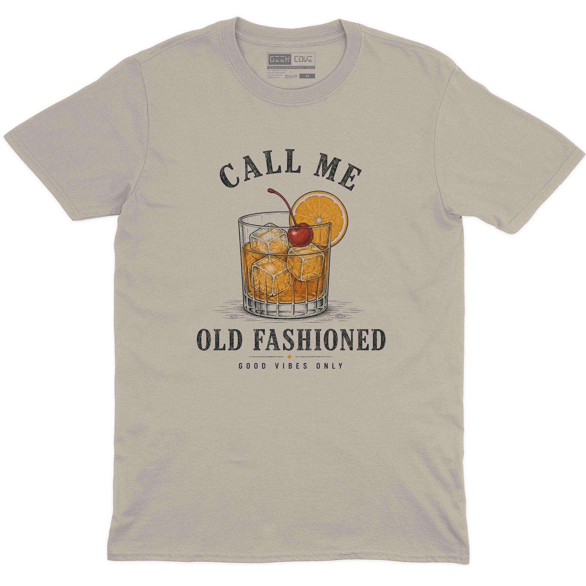 Call Me Old Fashioned Good Vibes men’s crew neck tee in sand with vintage cocktail graphic