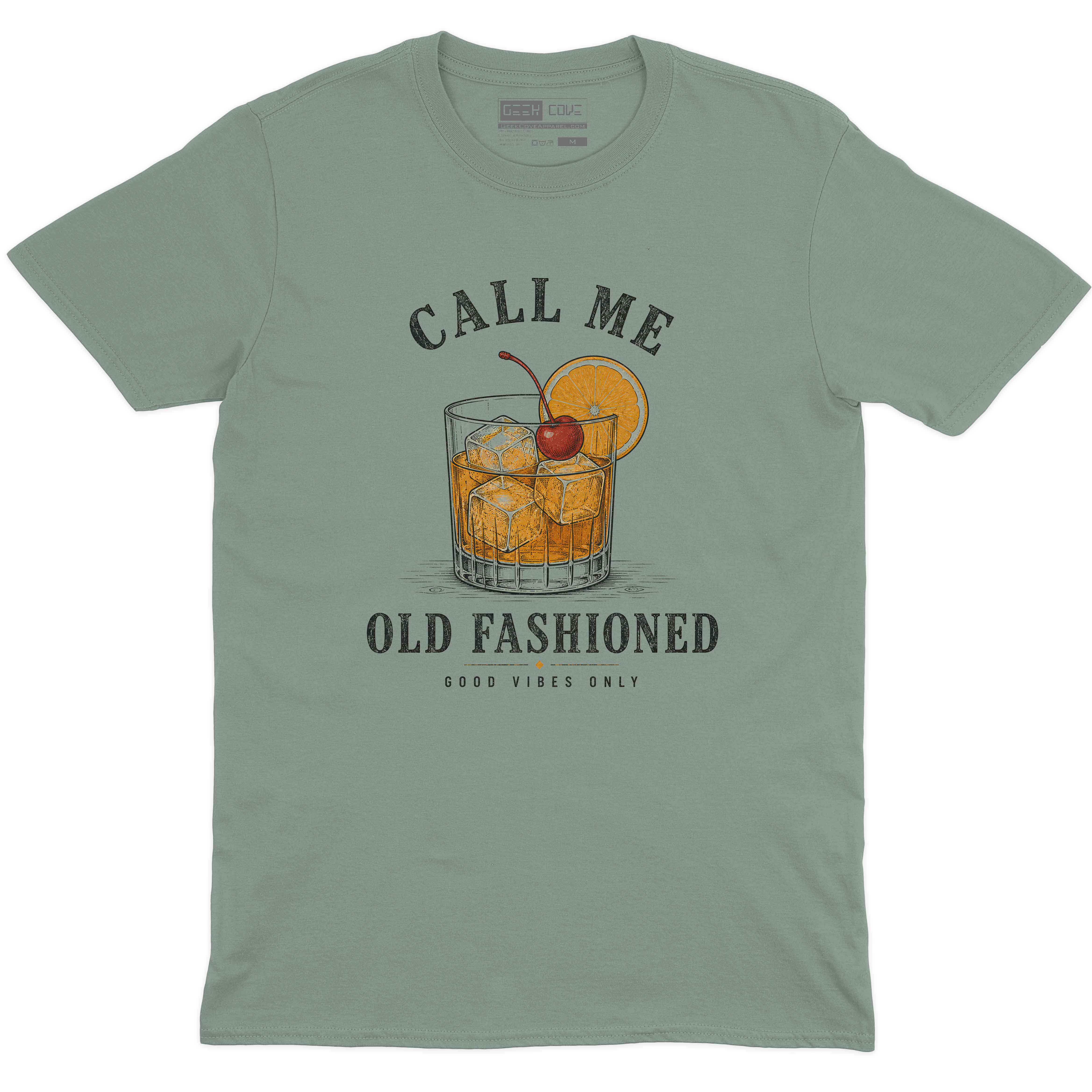 Call Me Old Fashioned Good Vibes men’s crew neck tee in sage with old fashioned cocktail design