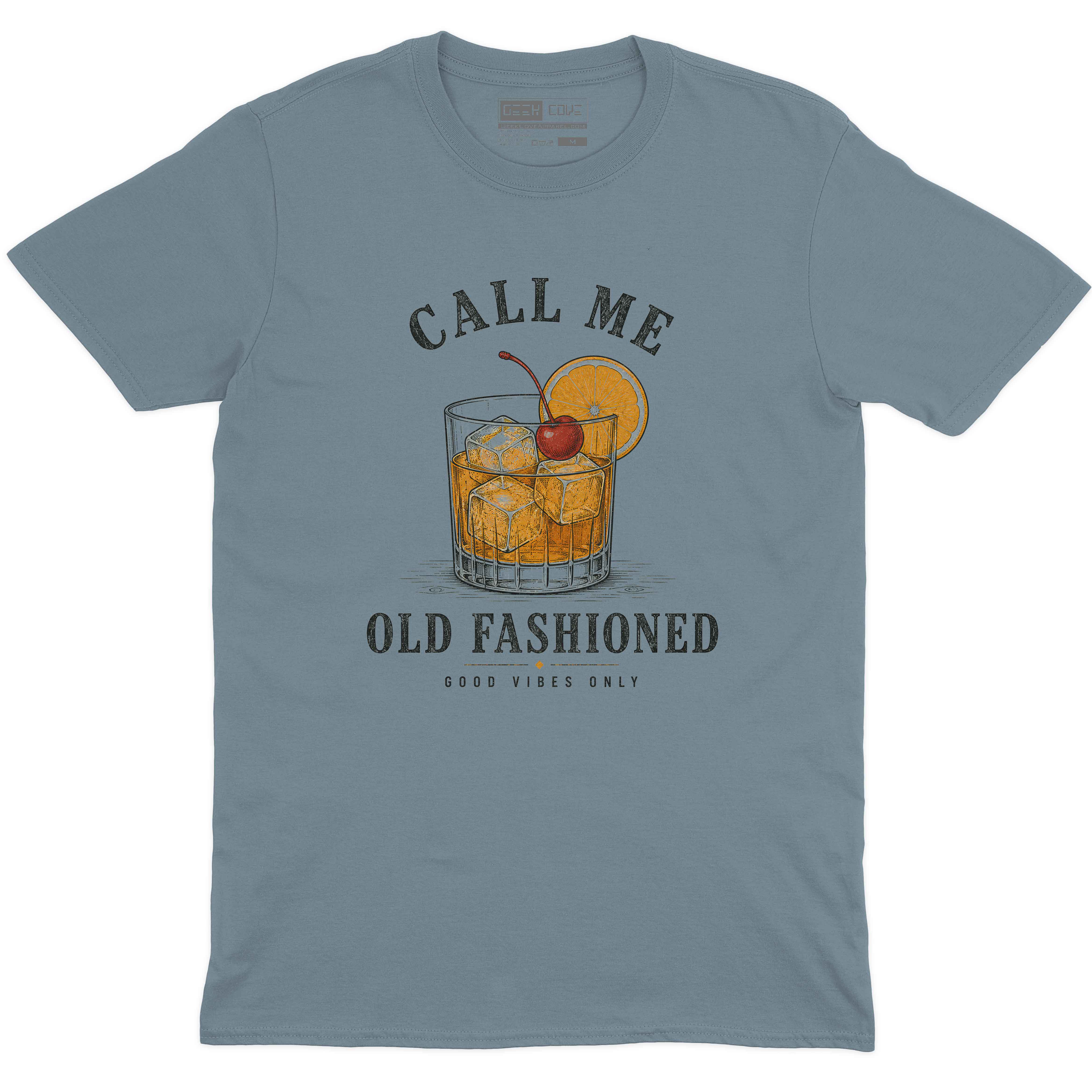 Call Me Old Fashioned Good Vibes men’s crew neck tee in stone blue with cocktail graphic