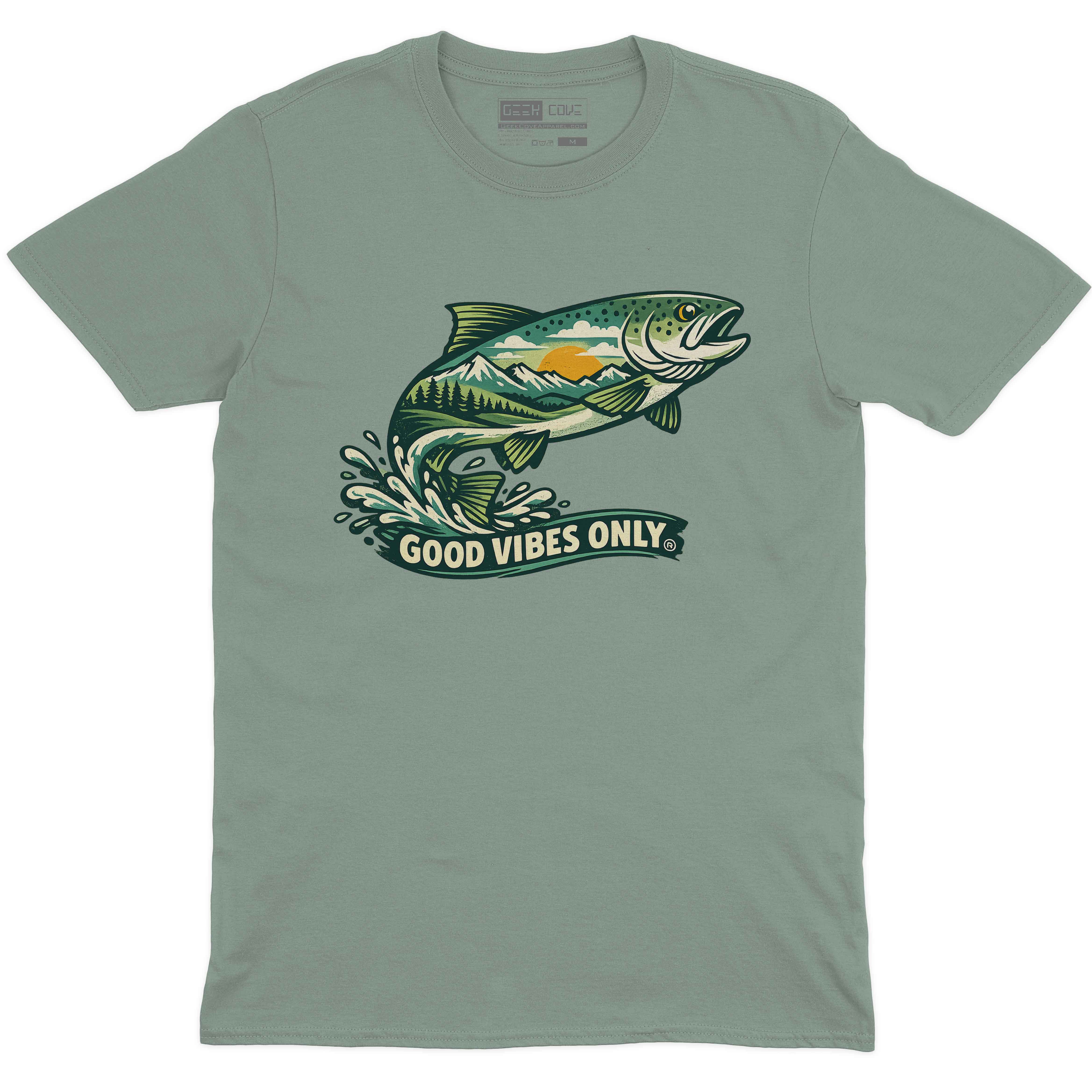 Fishscape Mountain Good Vibes men’s crew neck tee in sage with fish mountain landscape graphic