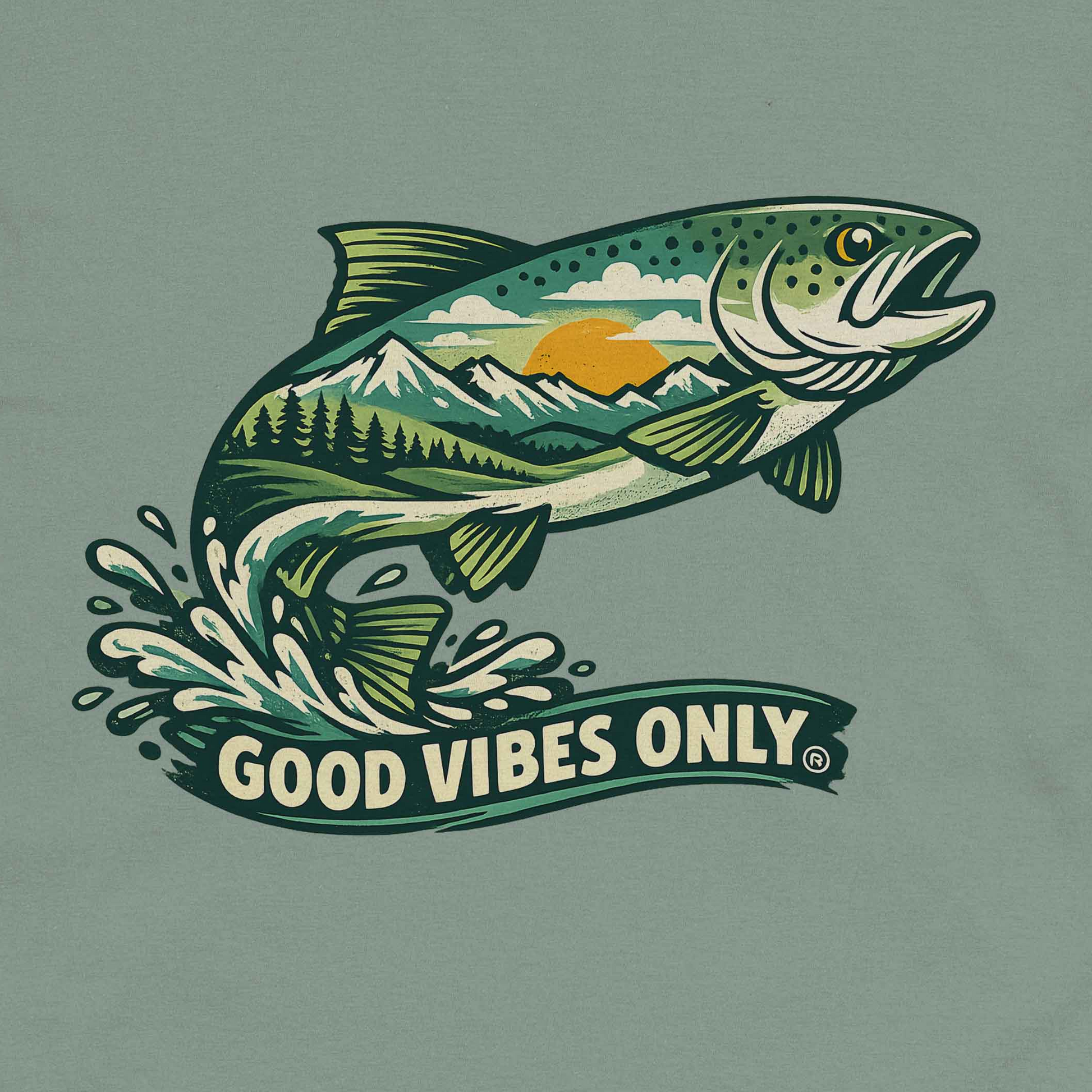 Close-up of Fishscape Mountain Good Vibes outdoor fish landscape artwork on sage tee