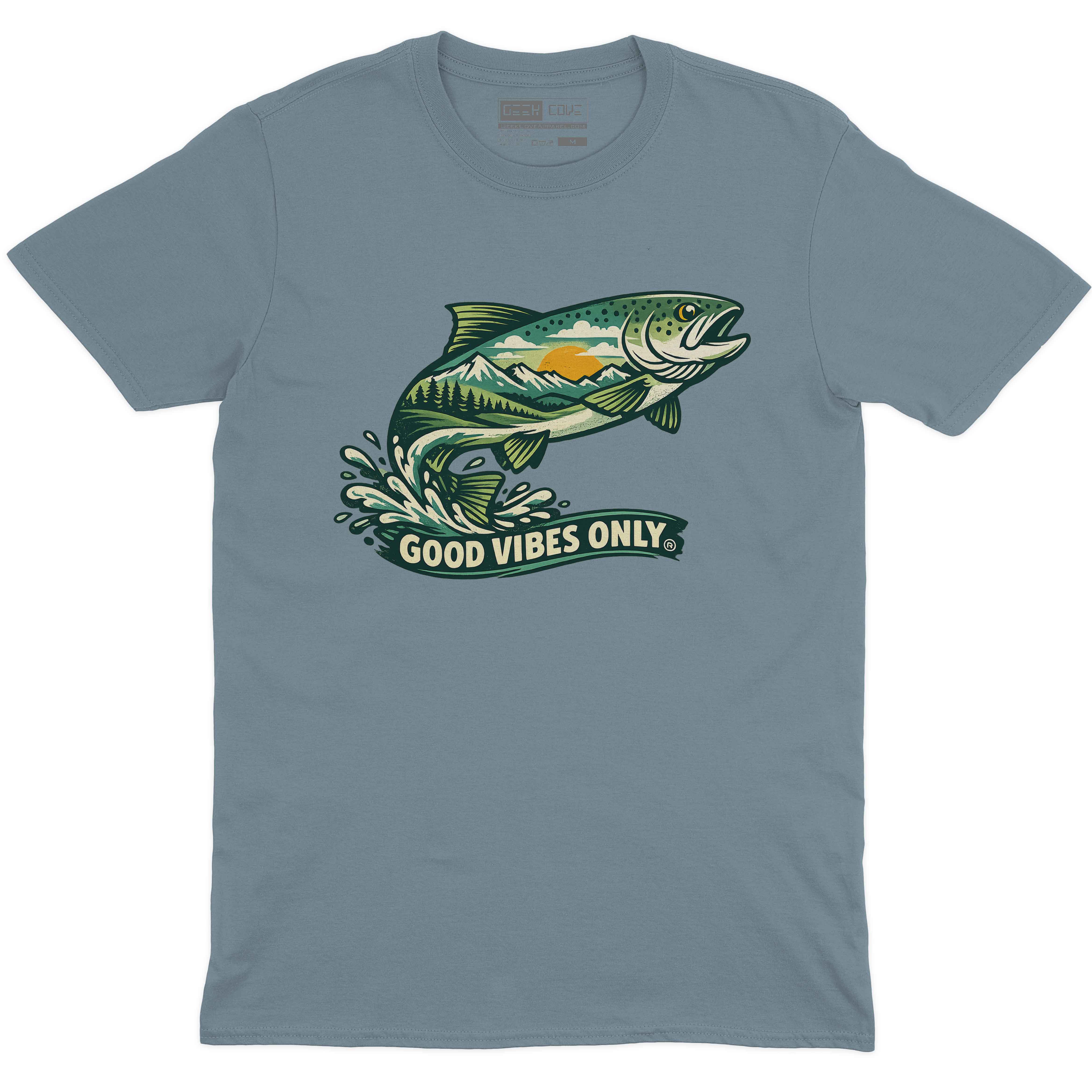 Fishscape Mountain Good Vibes men’s crew neck tee in stone blue with mountain fish design