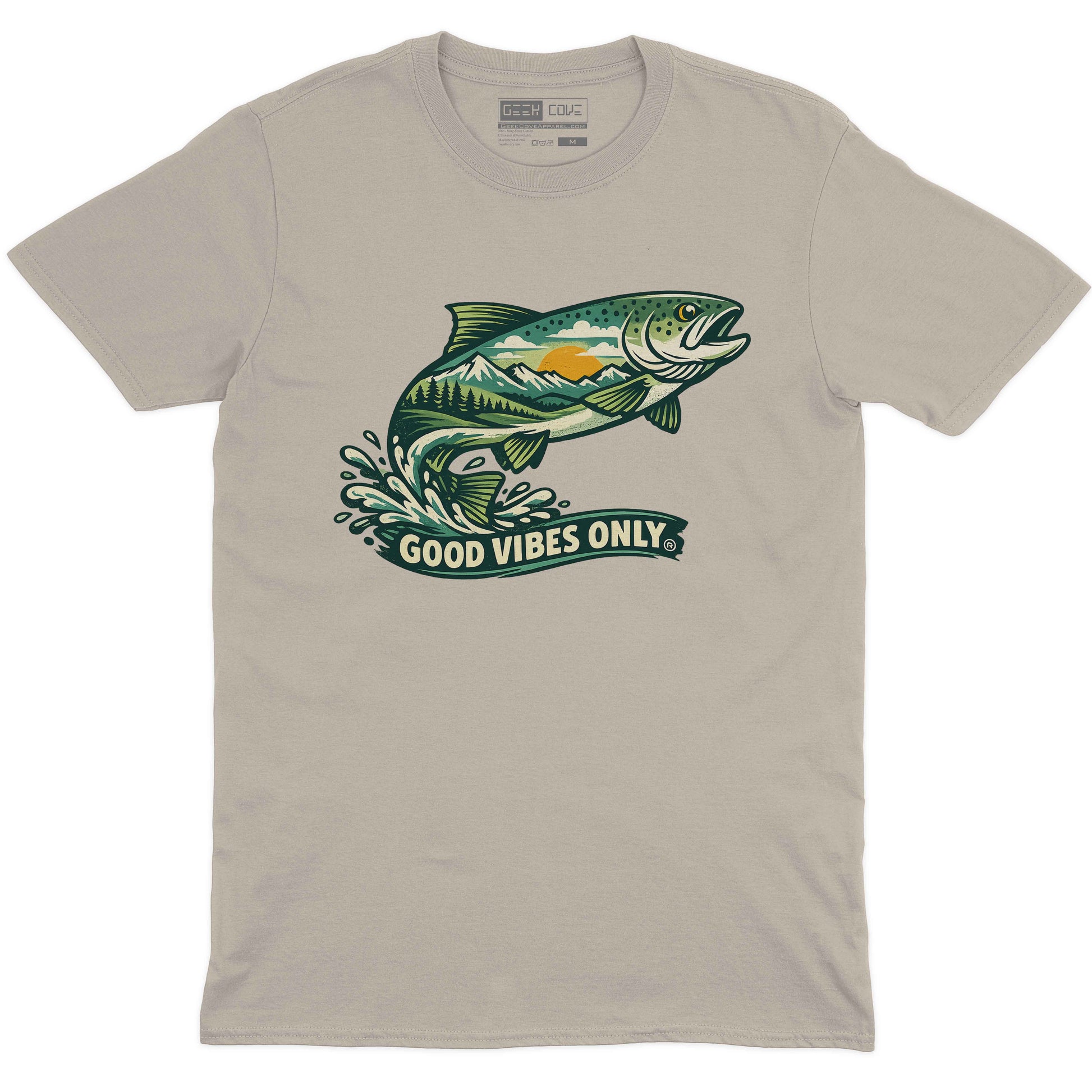 Fishscape Mountain Good Vibes men’s crew neck tee in sand with outdoor fishing artwork