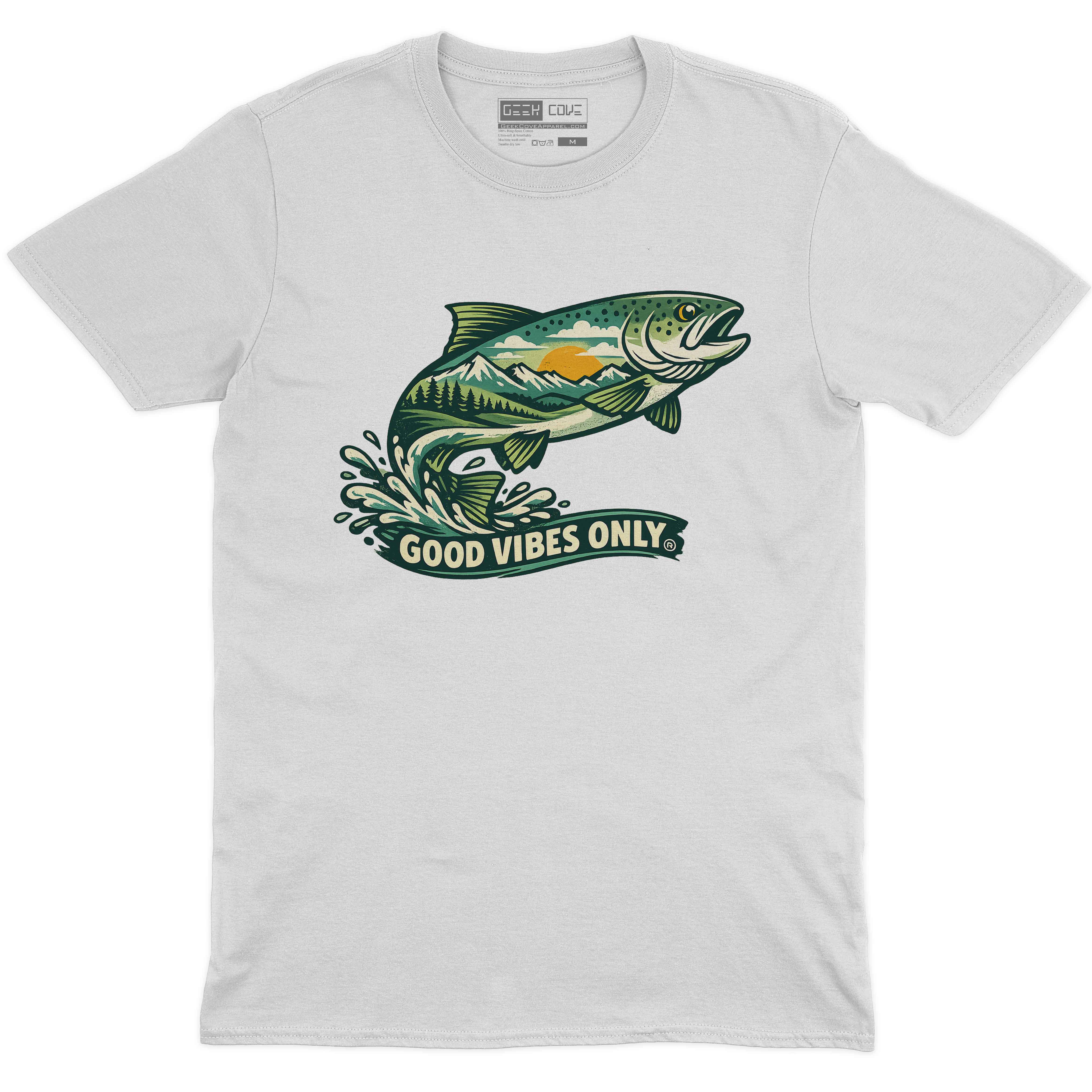 Fishscape Mountain Good Vibes men’s crew neck tee in white with fishscape mountain graphic